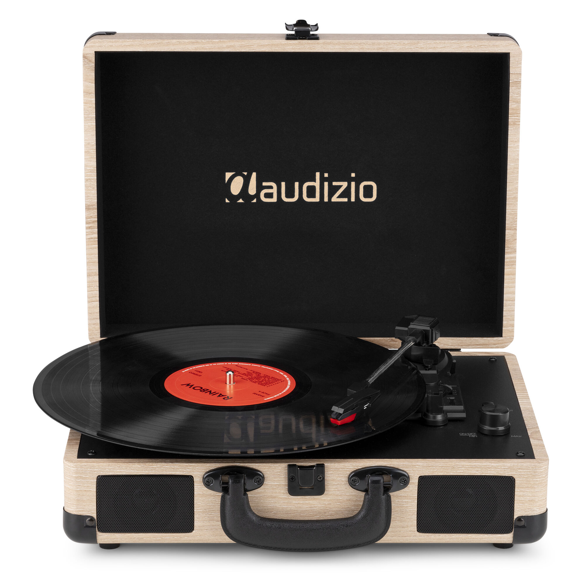 Tocadiscos con un disco de vinilo negro. Estuche de madera y tapa negra.
