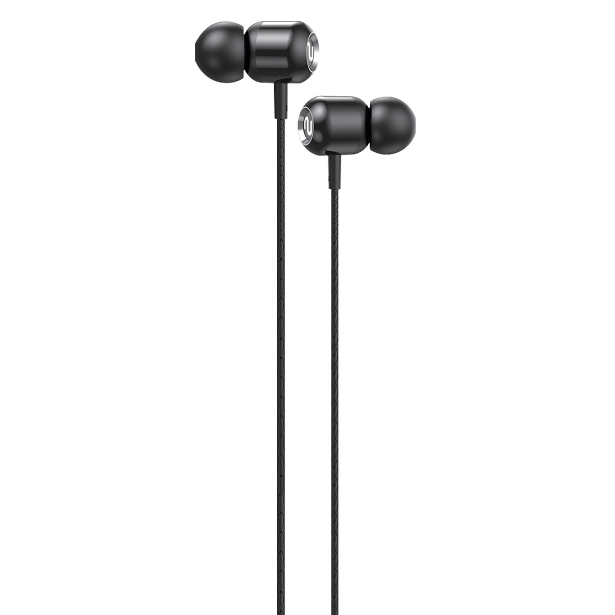 Auriculares negros con diseño simple. Dos auriculares conectados por cable negro. Apariencia minimalista.