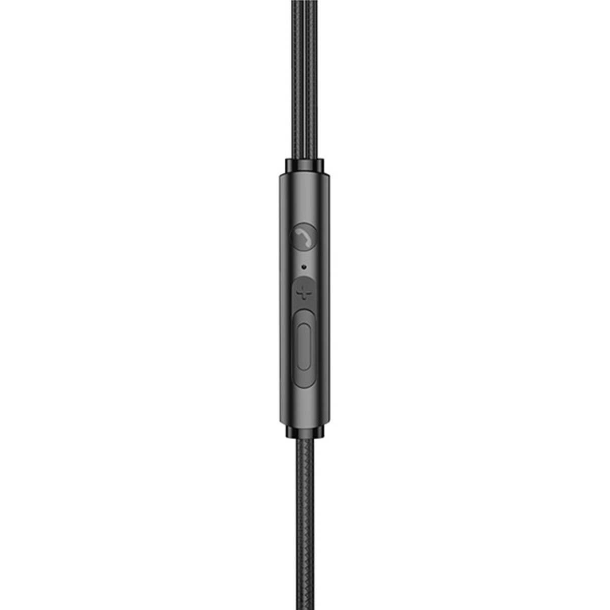 Primer plano de un control remoto en línea negro y gris en un cable de auriculares negro.