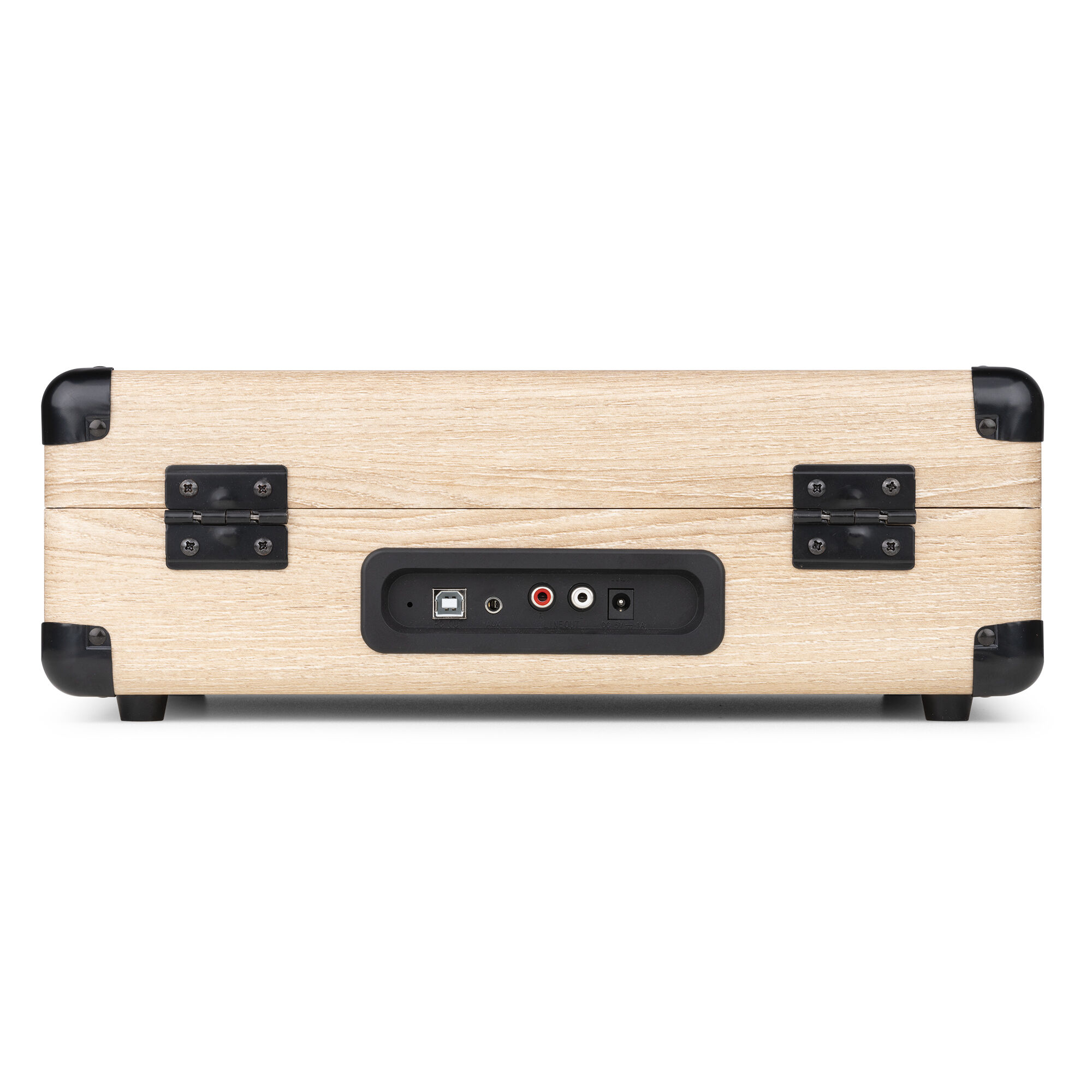 Un tocadiscos de estilo vintage de madera con detalles en negro.