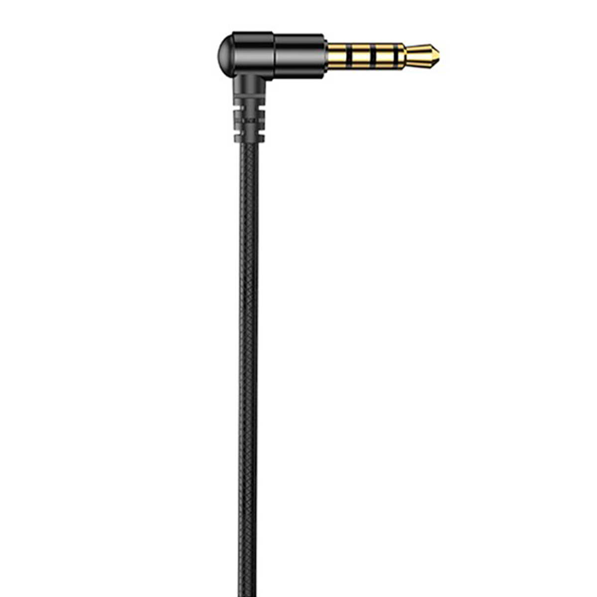 Un cable de audio negro con un conector de 3,5 mm en ángulo.