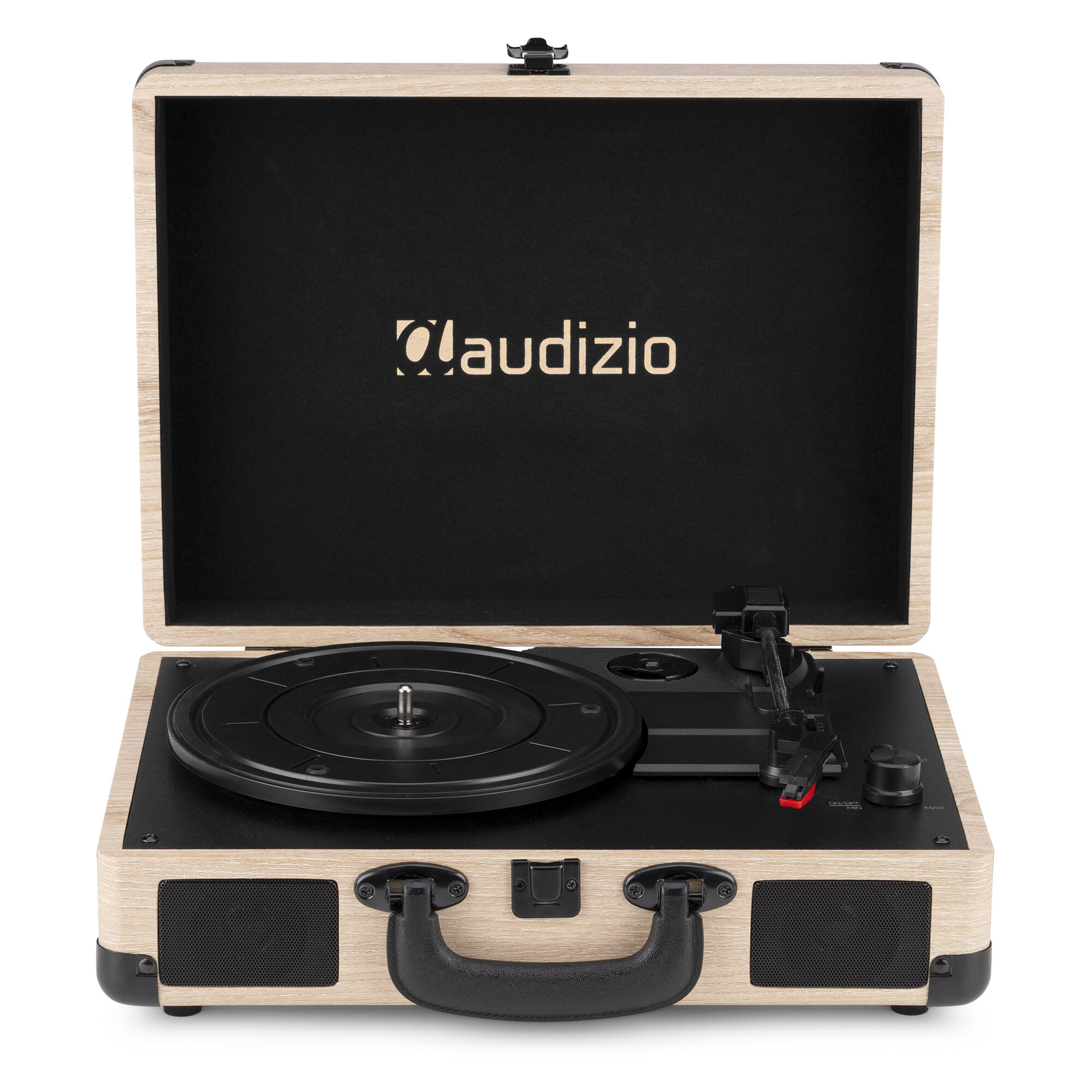 Un tocadiscos de madera vintage, abierto. La marca es 'audizio' en la tapa negra.