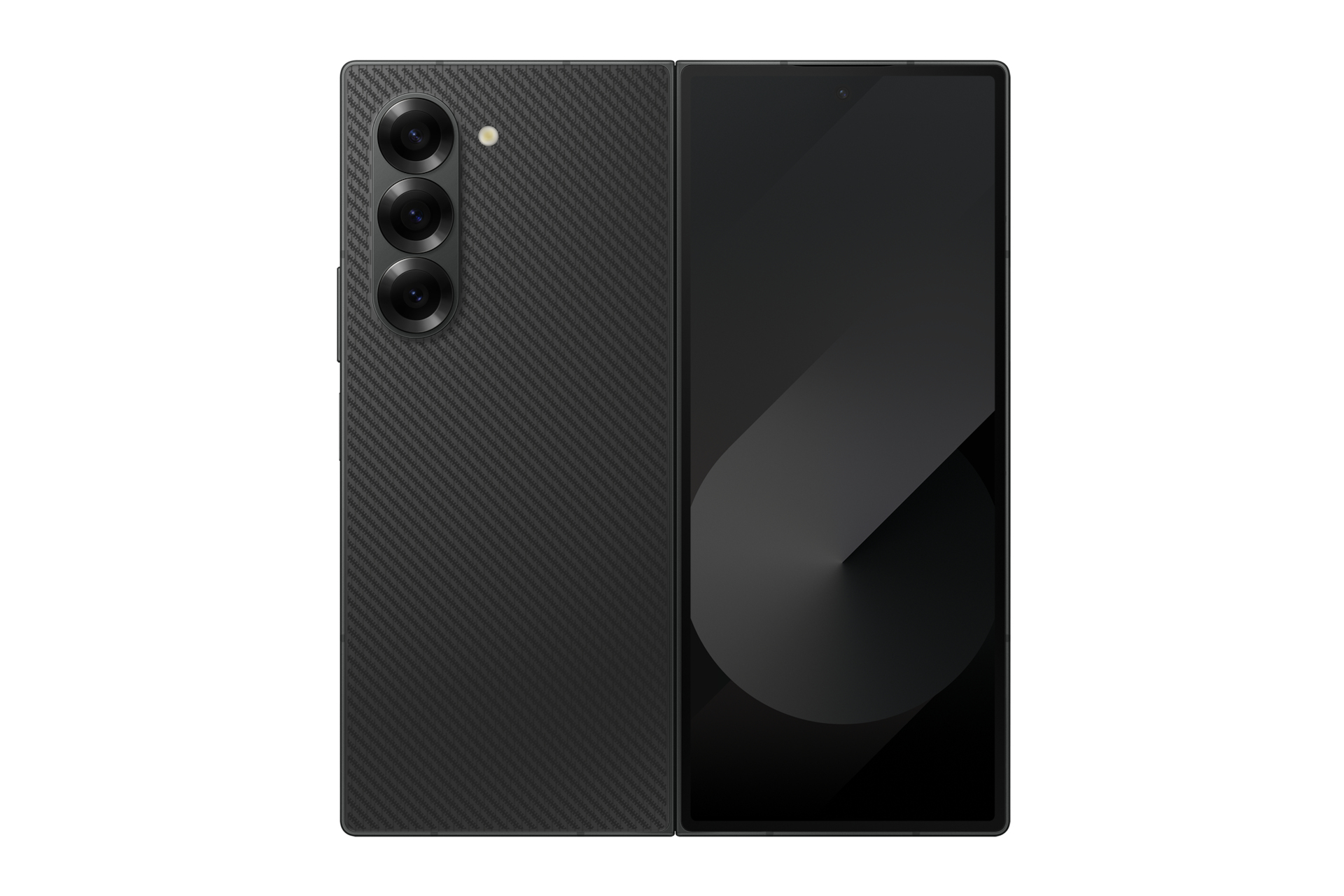 Złożony czarny smartfon. Tył jest z włókna węglowego, a ekran czarny.