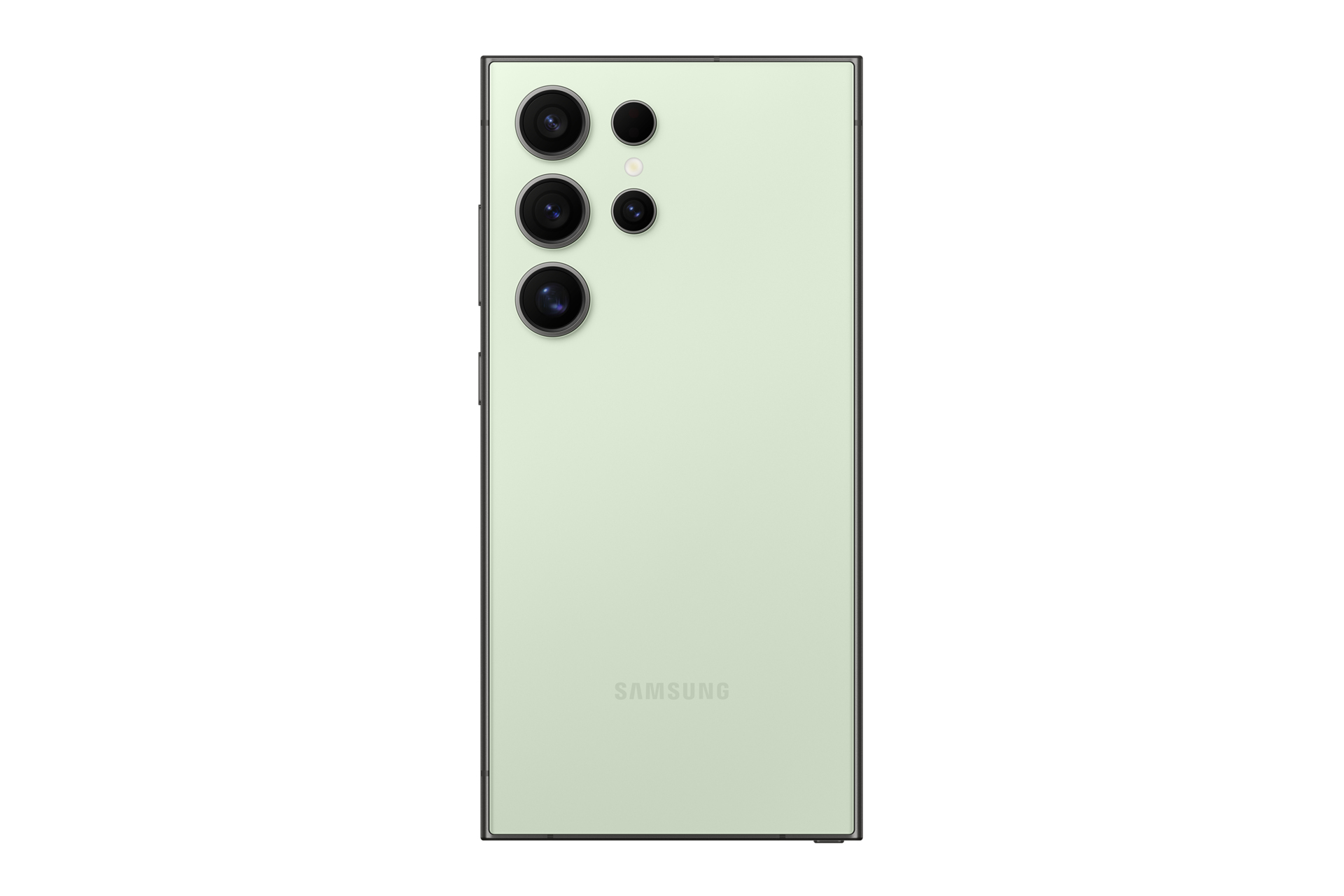 Vista trasera de un smartphone verde pálido con múltiples lentes de cámara. El logotipo de Samsung es visible.