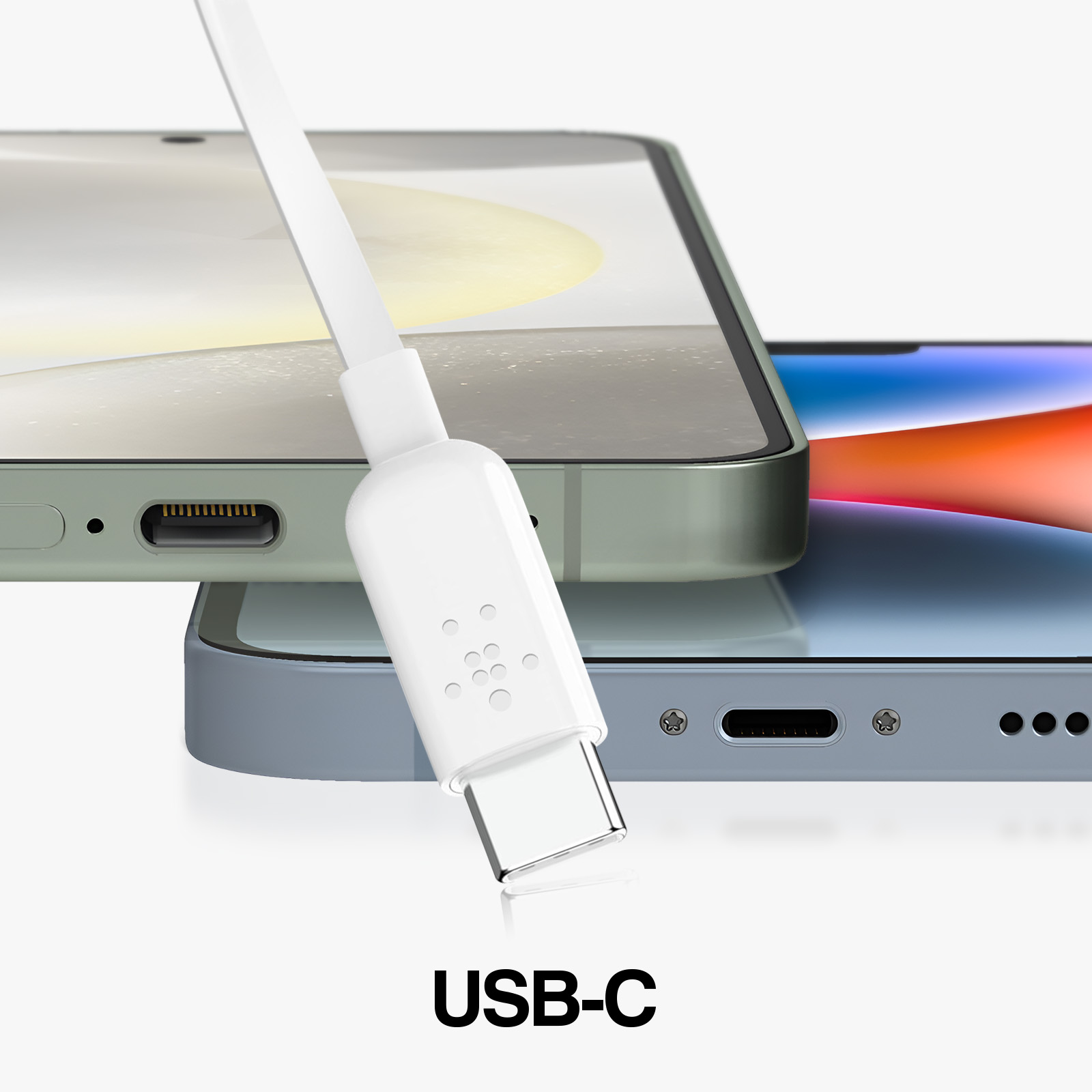 Biały kabel USB-C podłączony do dwóch telefonów, jeden zielony, jeden niebieski, białe tło.