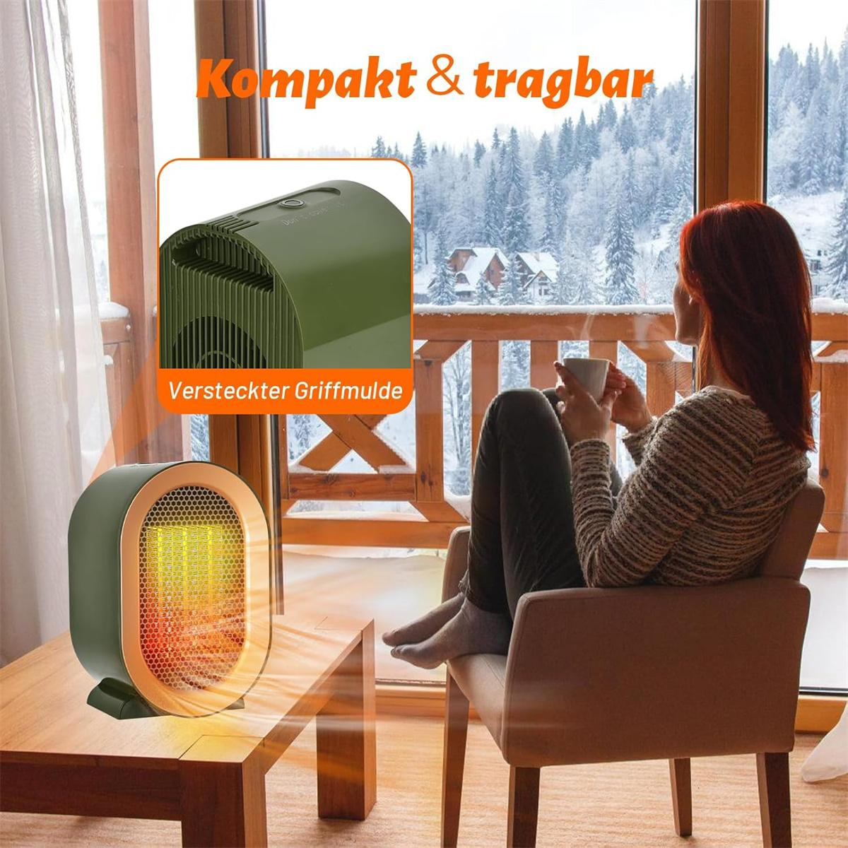 Frau in einem Stuhl, kleiner olivfarbener Heizlüfter auf einem Tisch. Schneelandschaft.