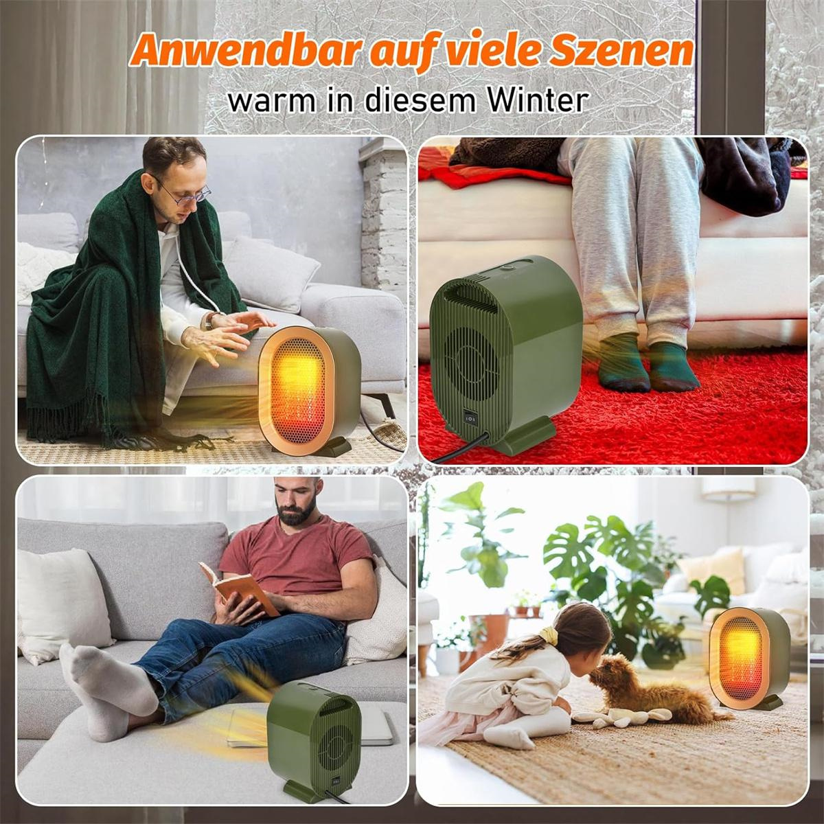 Mehrere Bilder eines grünen Heizgeräts in verschiedenen Umgebungen, Menschen benutzen es.