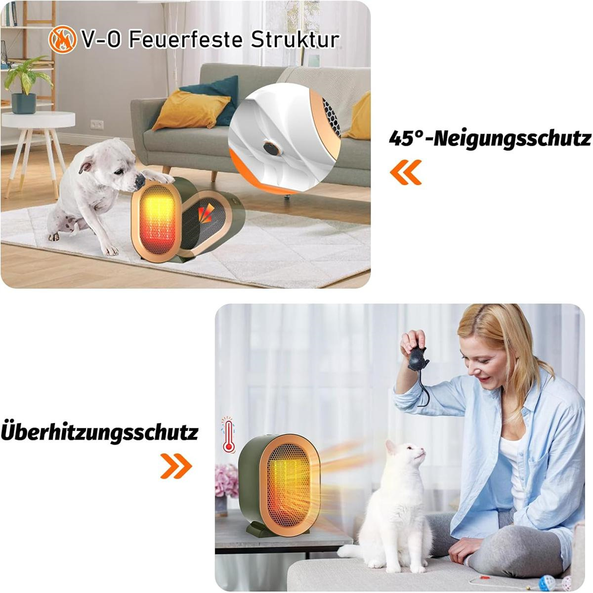 Bilder eines Heizgeräts mit Hund und einer Frau mit Katze. Text auf Deutsch.