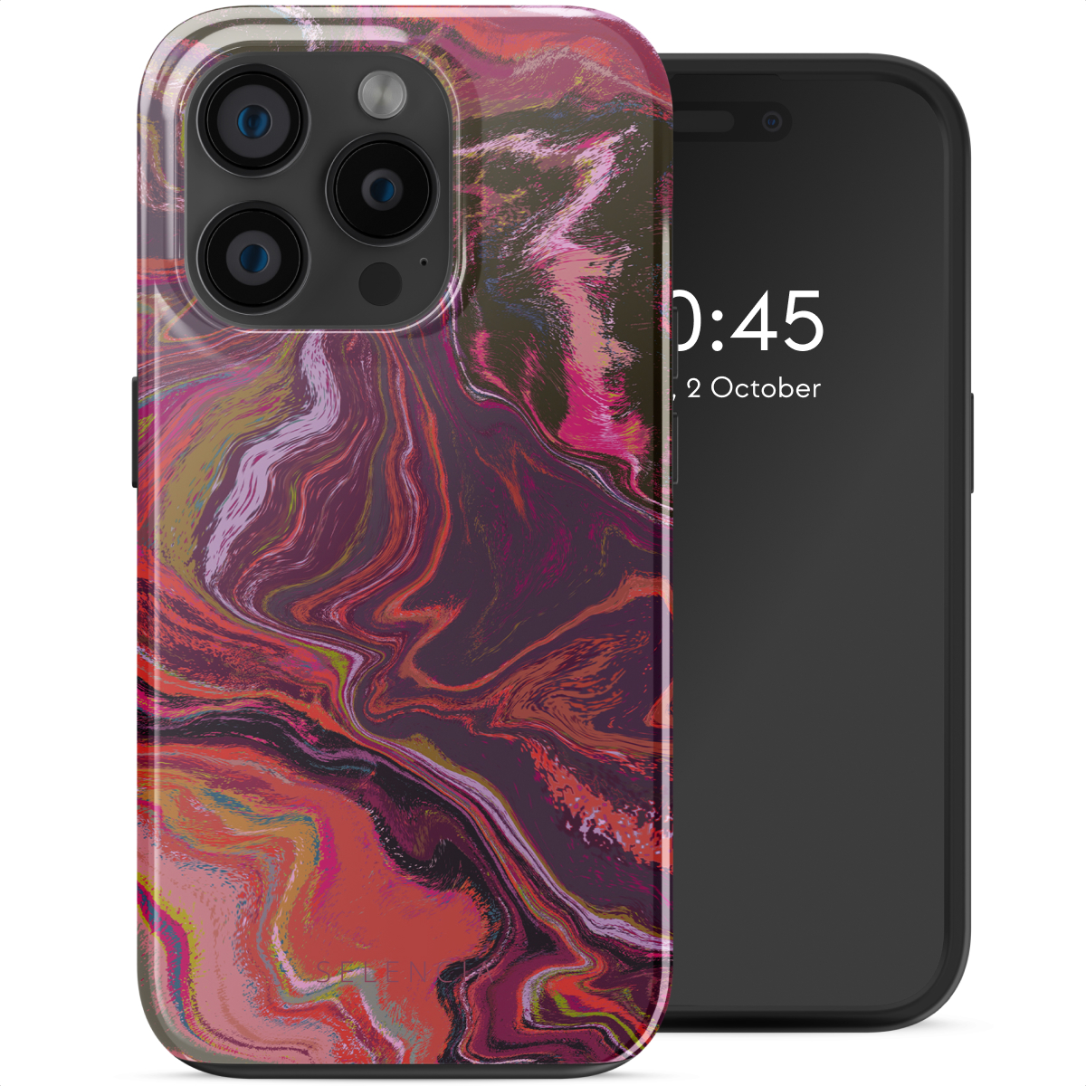 Téléphone dans un étui avec un motif coloré. L'étui a un effet marbre avec des teintes rouges et violettes.