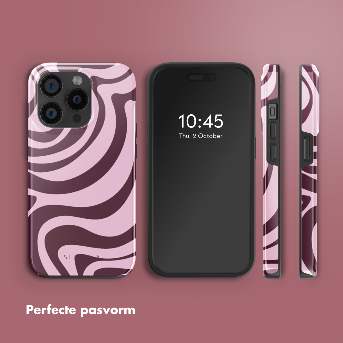 Téléphone avec coque à tourbillon rose et violet, avec trois vues : avant, arrière et côté.