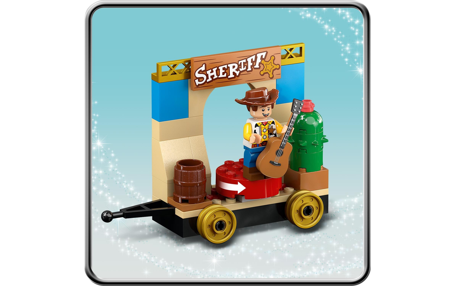 Zestaw Lego przedstawia figurkę kowboja z gitarą, stojącą w pobliżu znaku Szeryfa na wozie.