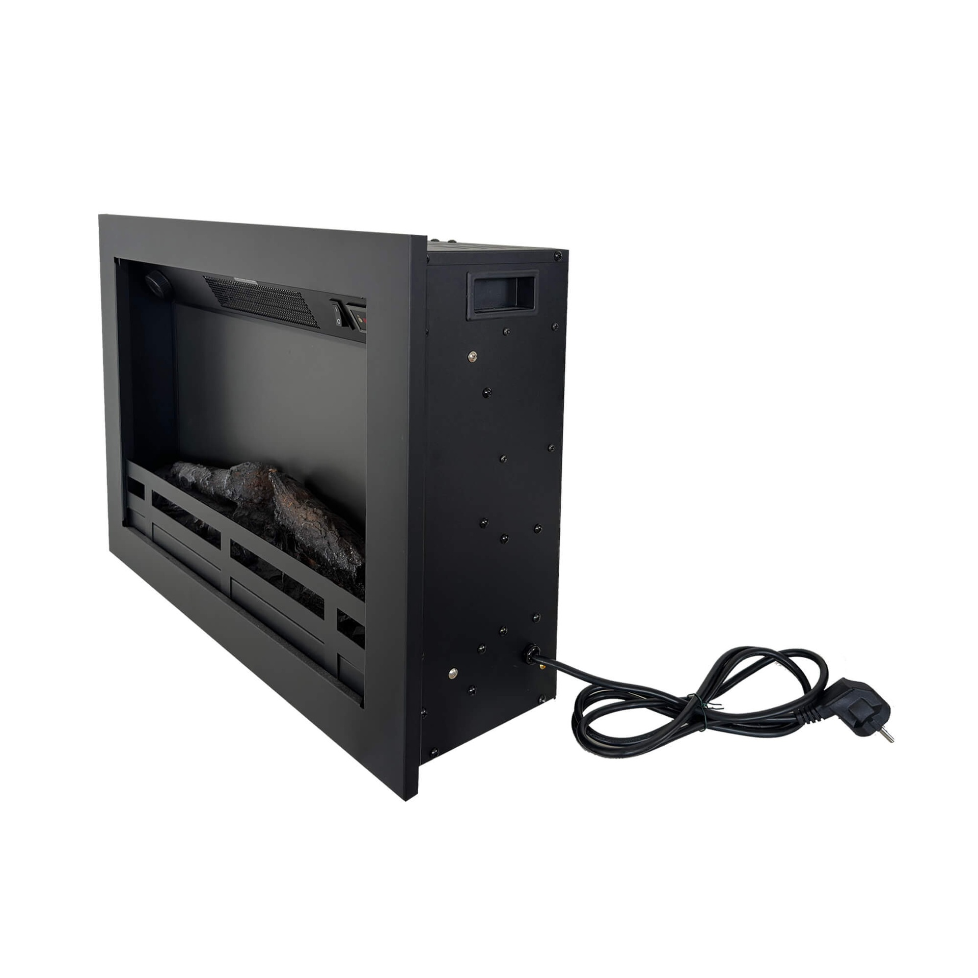 Zwarte elektrische open haard met een zwart netsnoer. Het heeft een namaakhoutblok en een zwart frame.