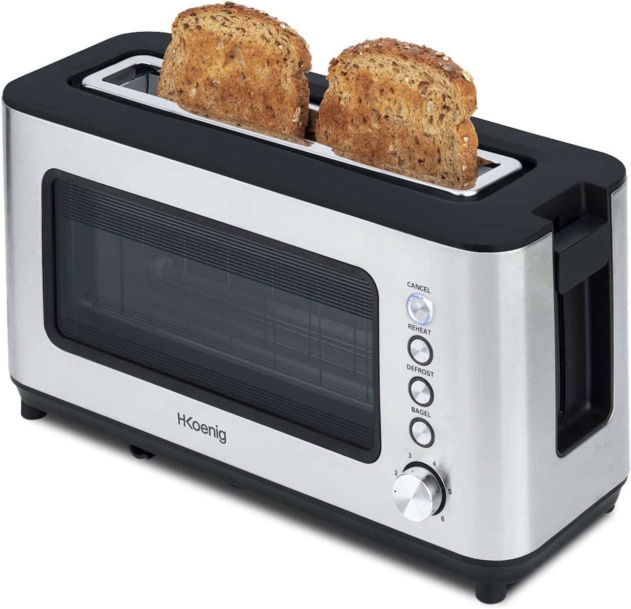 Un tostapane in acciaio inossidabile con due fette di pane tostato all'interno.
