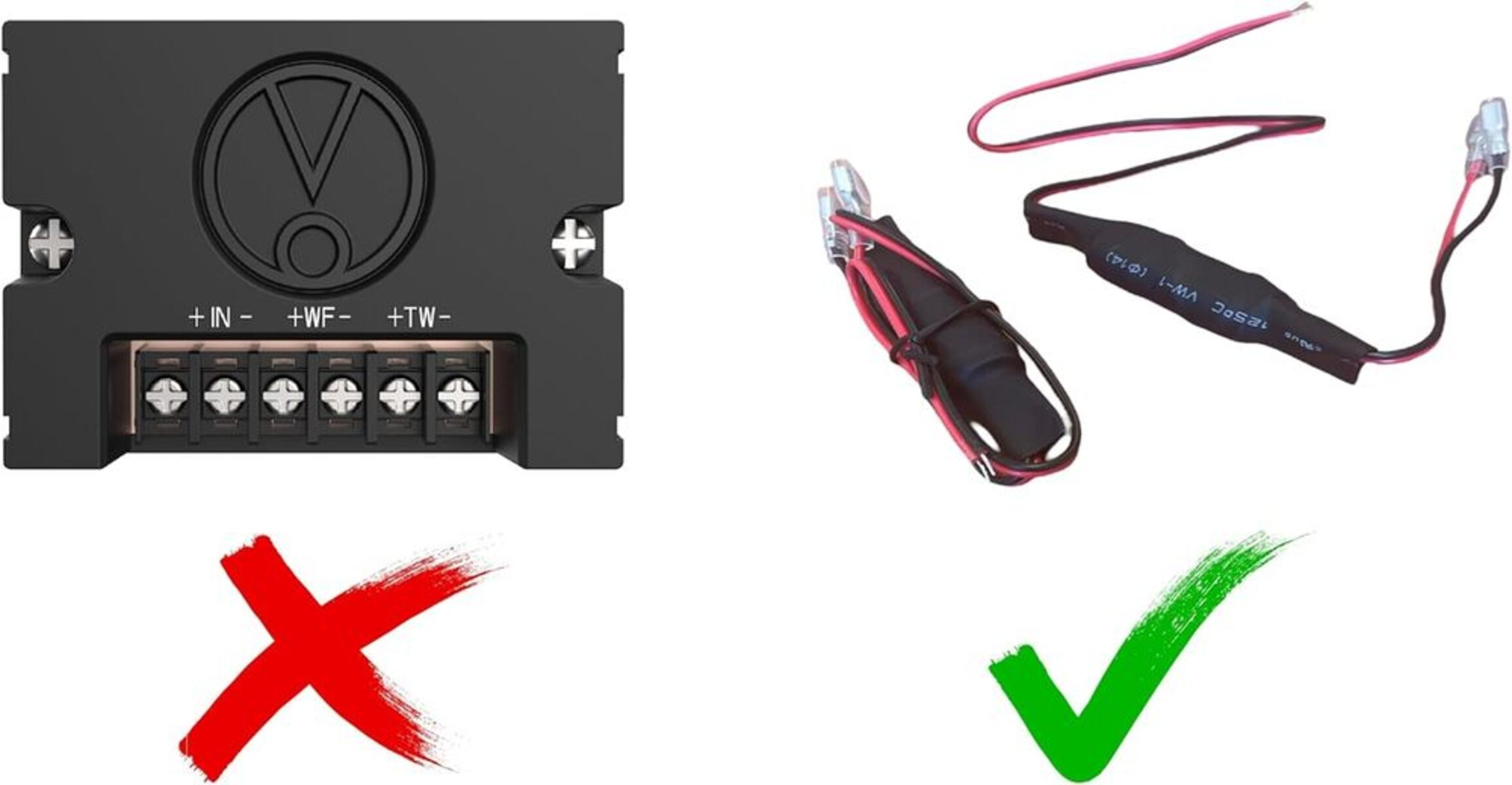 Ein elektronisches Gerät mit Anschlüssen und Drähten, mit einem Haken und einem X markiert.