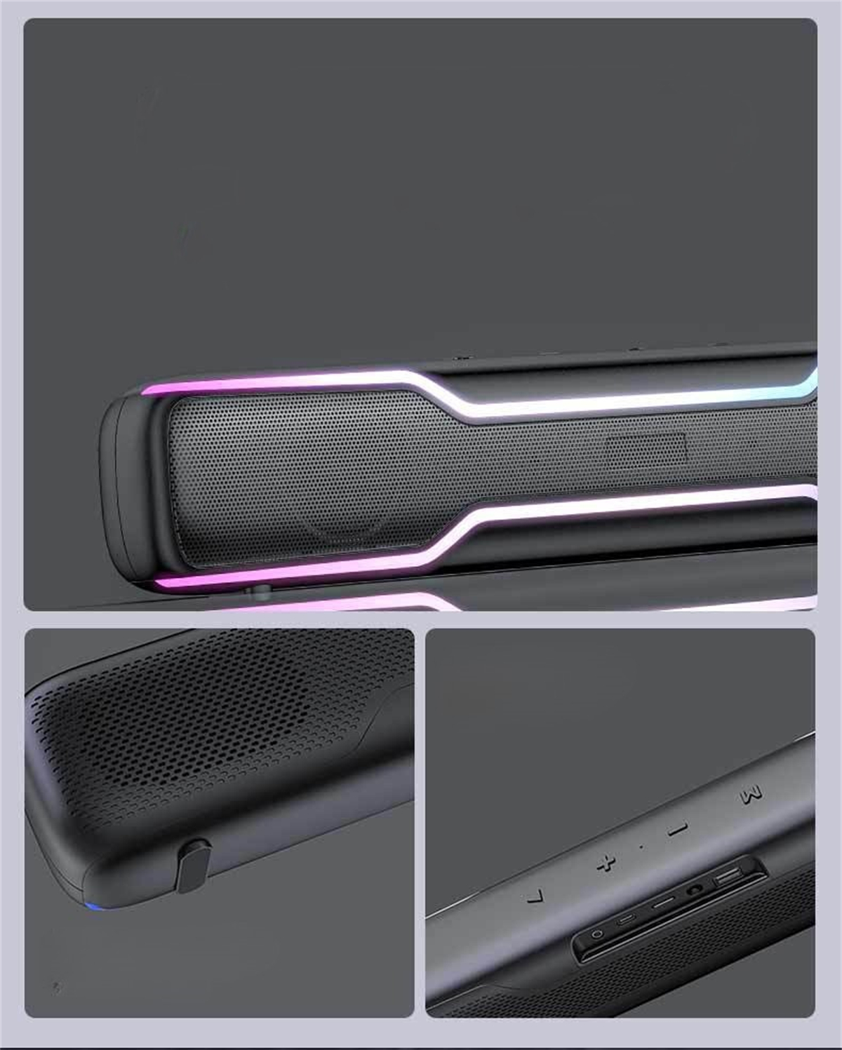 Eine schwarze Soundbar mit Mesh-Front und beleuchteten Kanten. Enthält Nahaufnahmen von Details und Bedienelementen.