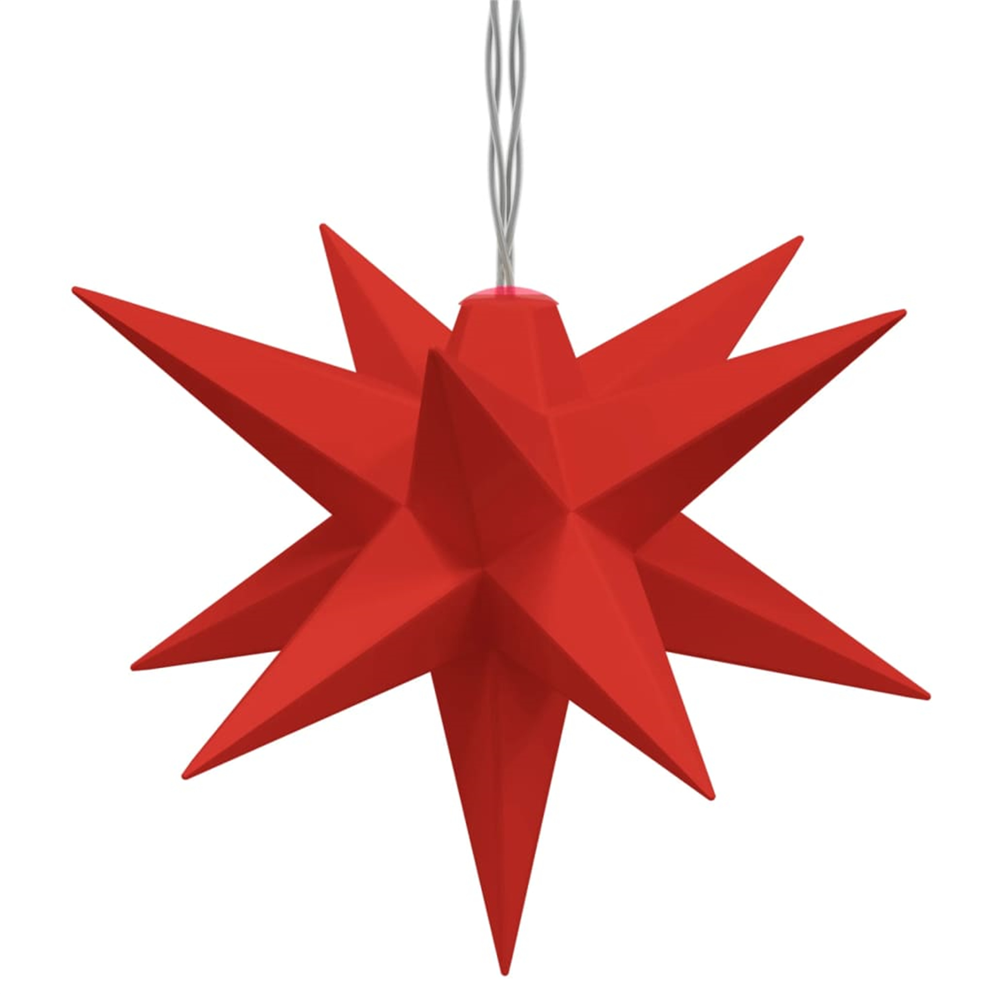 Roter Sternschmuck, der an einem silbernen Draht hängt, weißer Hintergrund.