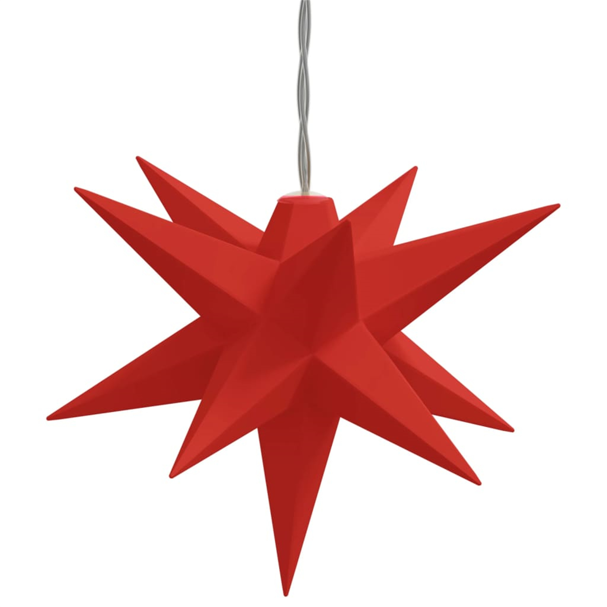Roter sternförmiger Weihnachtsschmuck, der an einem Draht hängt. Der Stern hat scharfe Spitzen.