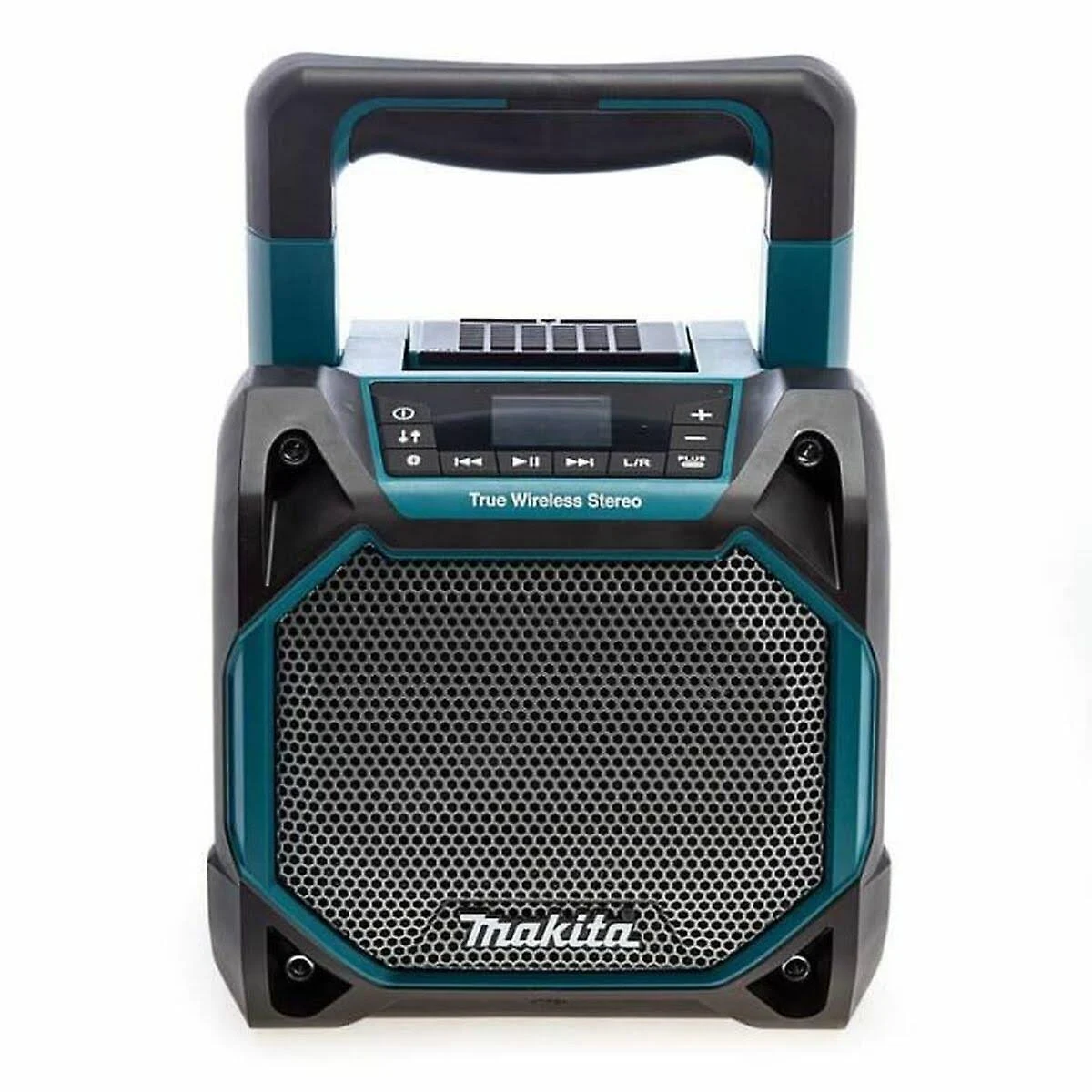 Czarny i turkusowy głośnik Makita z uchwytem i siatkowym przodem. Widoczne logo Makita.