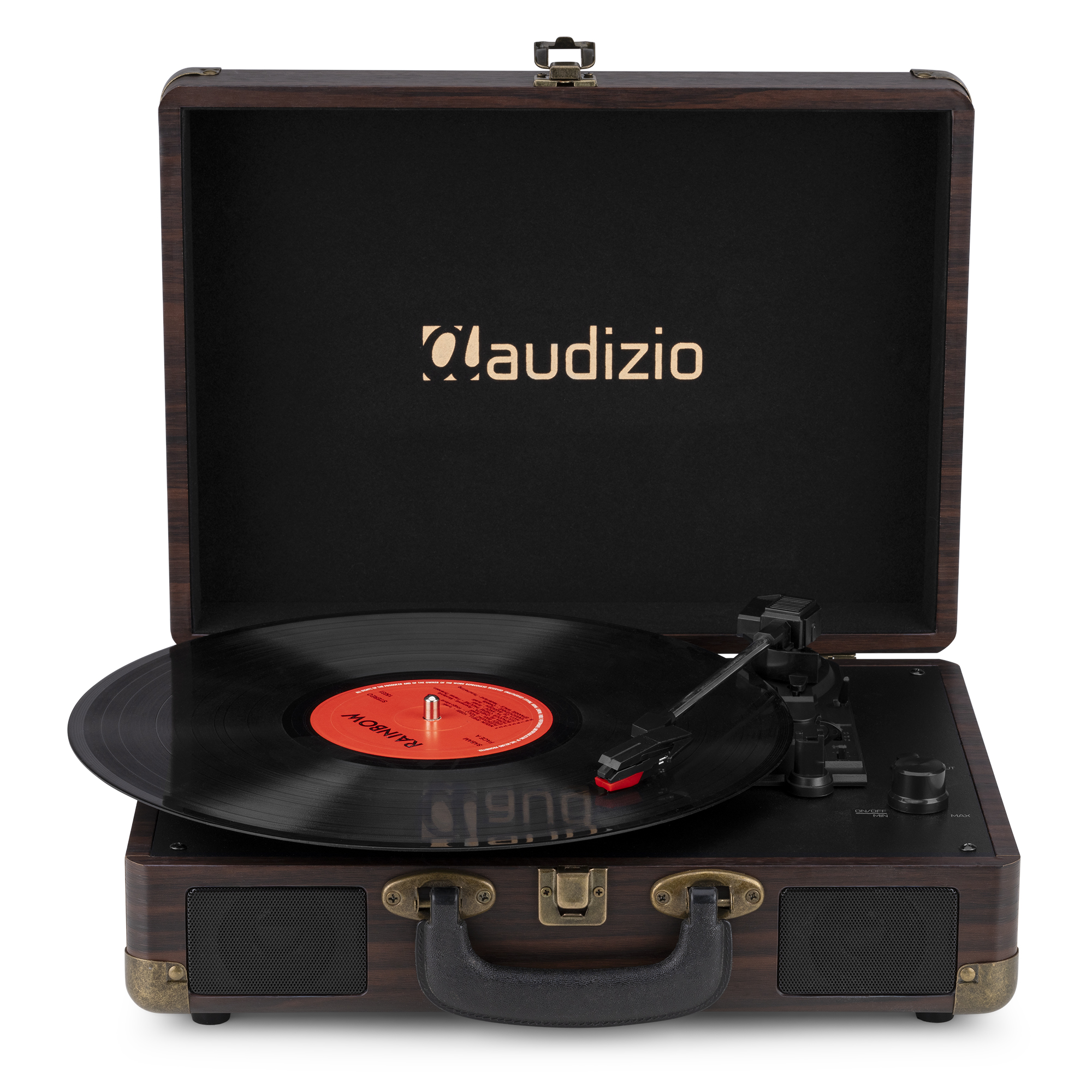 Un tocadiscos de madera con un disco negro reproduciéndose, abierto con la marca 'claudizio'.