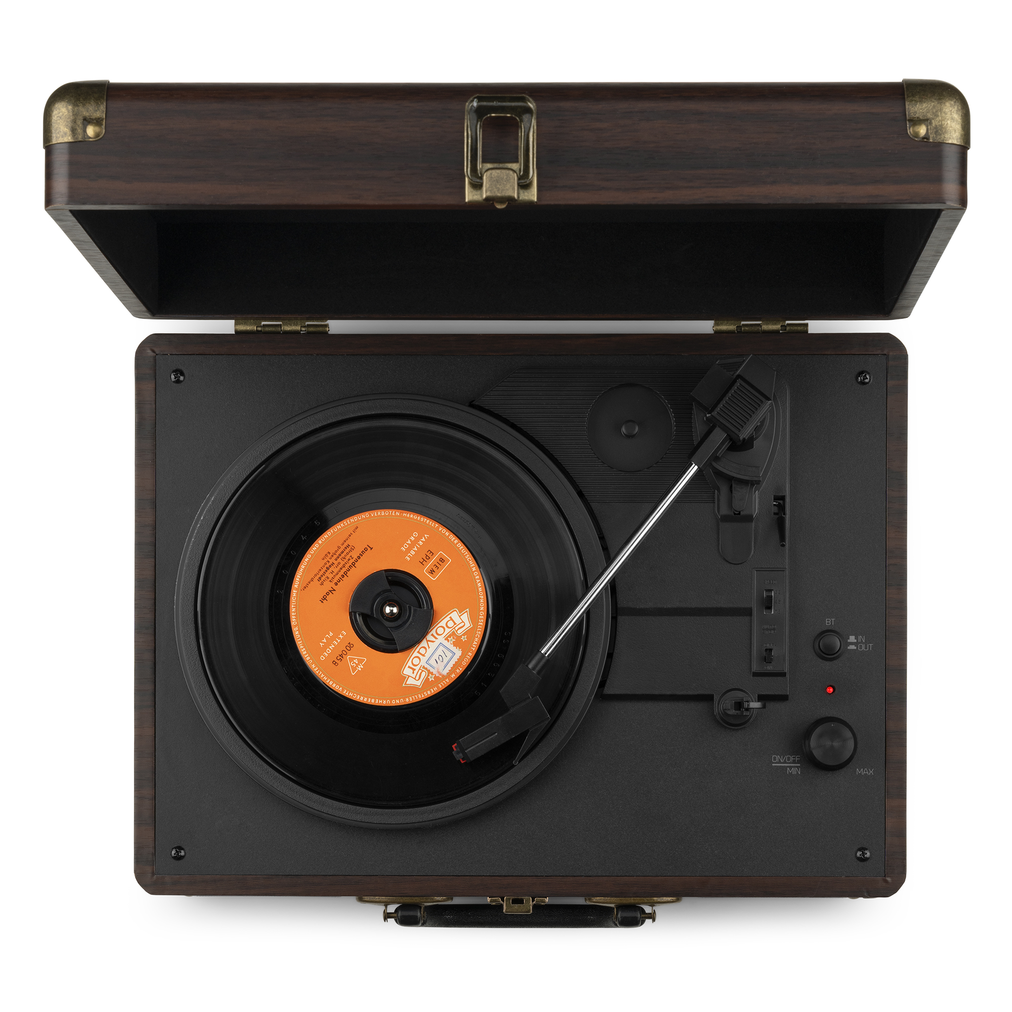 Un tocadiscos vintage con un disco de vinilo reproduciéndose.