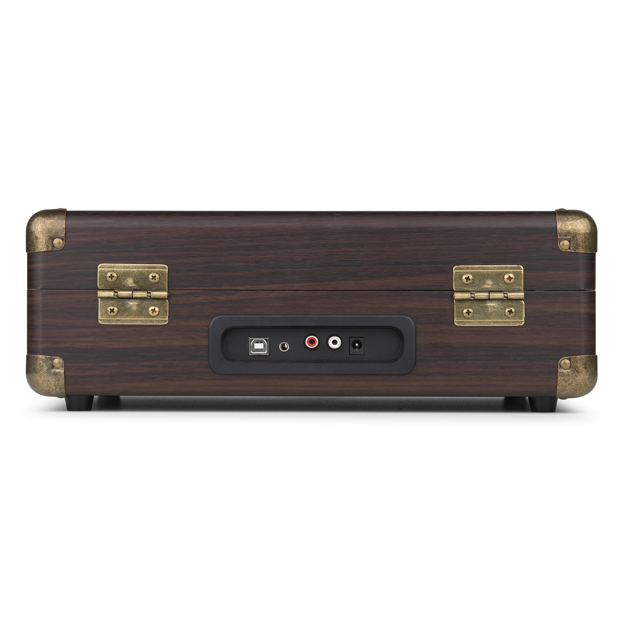 Tocadiscos de madera vintage con esquinas de latón y puertos en la parte trasera.
