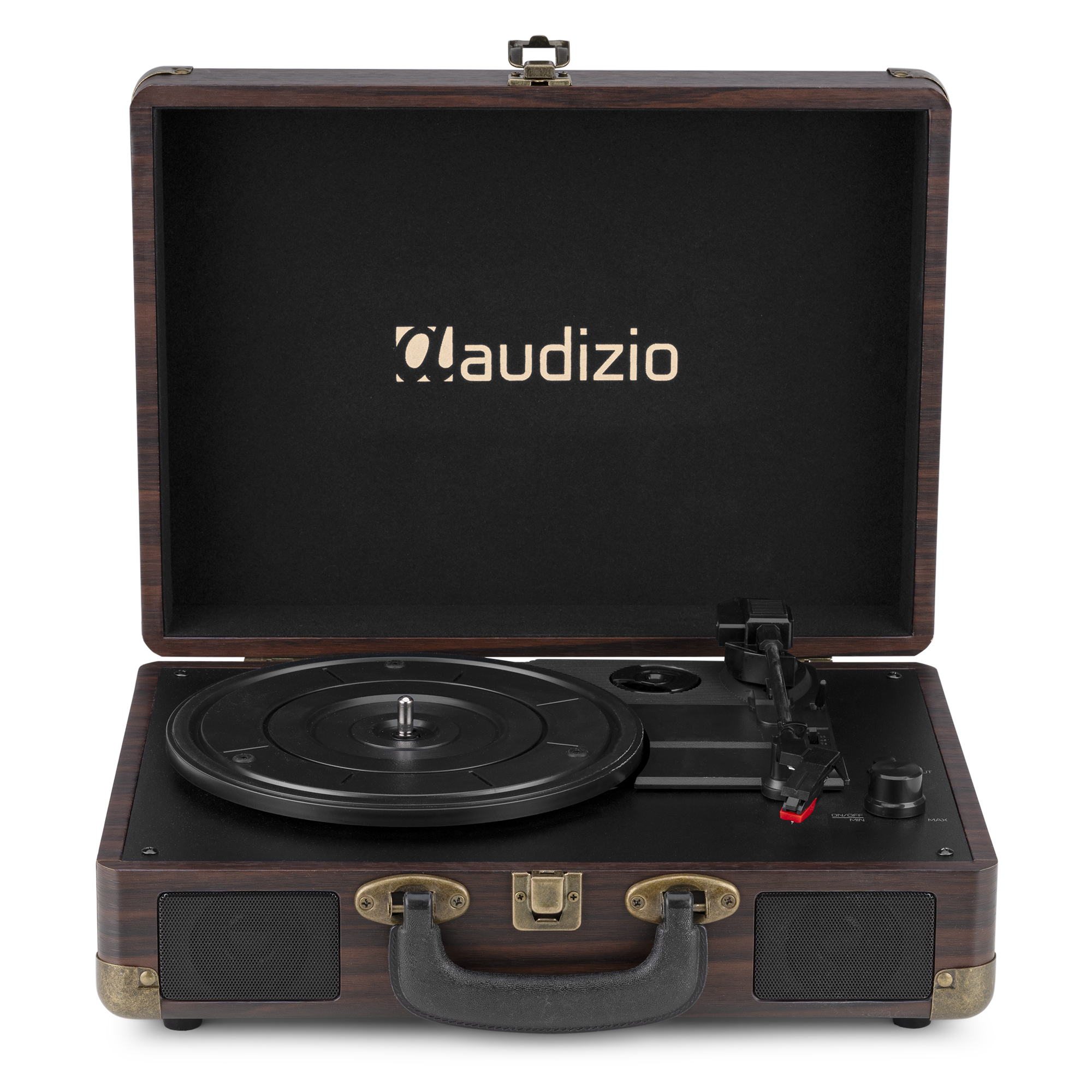 Un tocadiscos de madera abierto con un disco negro en el tocadiscos y un interior negro.