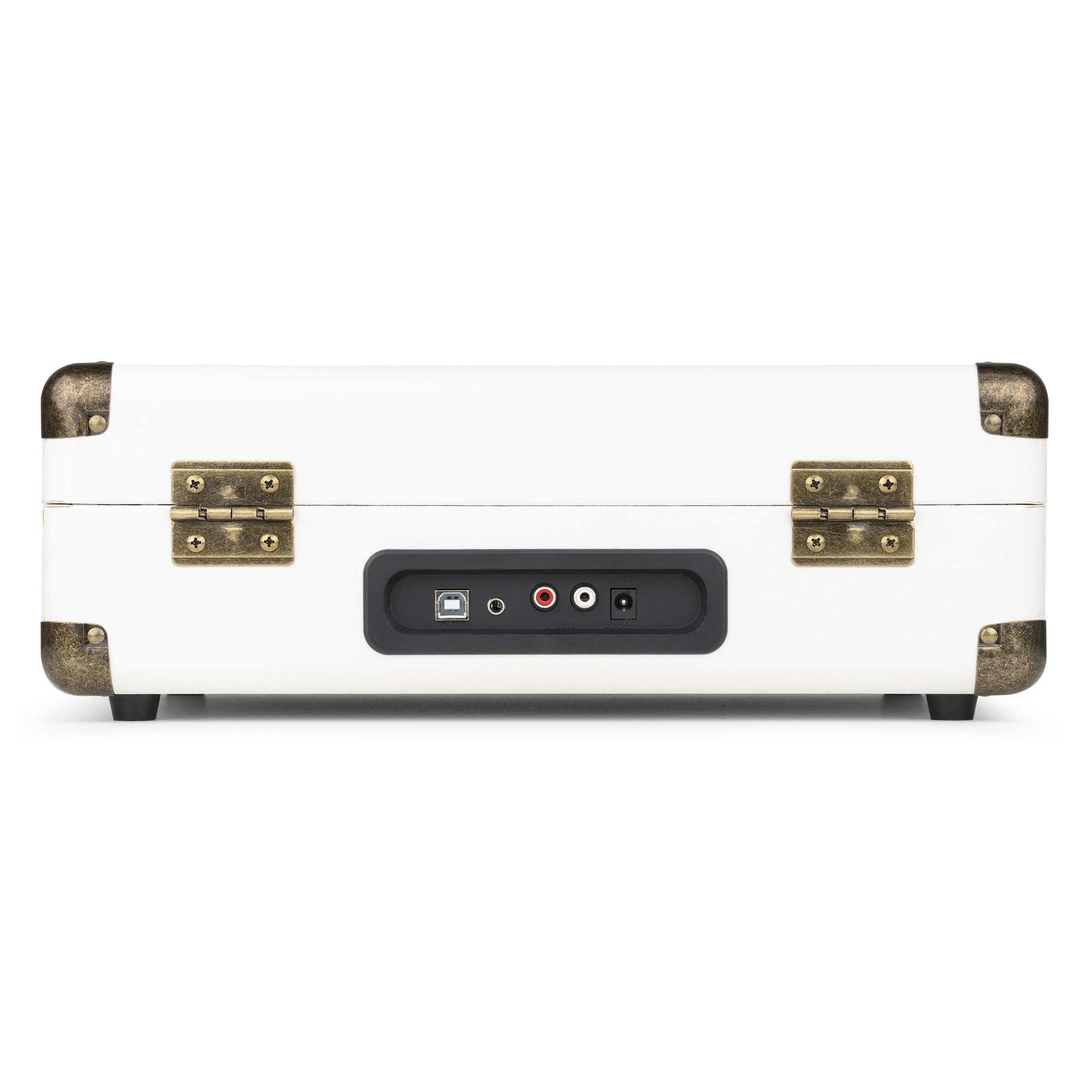 Un tocadiscos blanco con detalles dorados. Tiene un puerto USB y conectores RCA en la parte trasera.