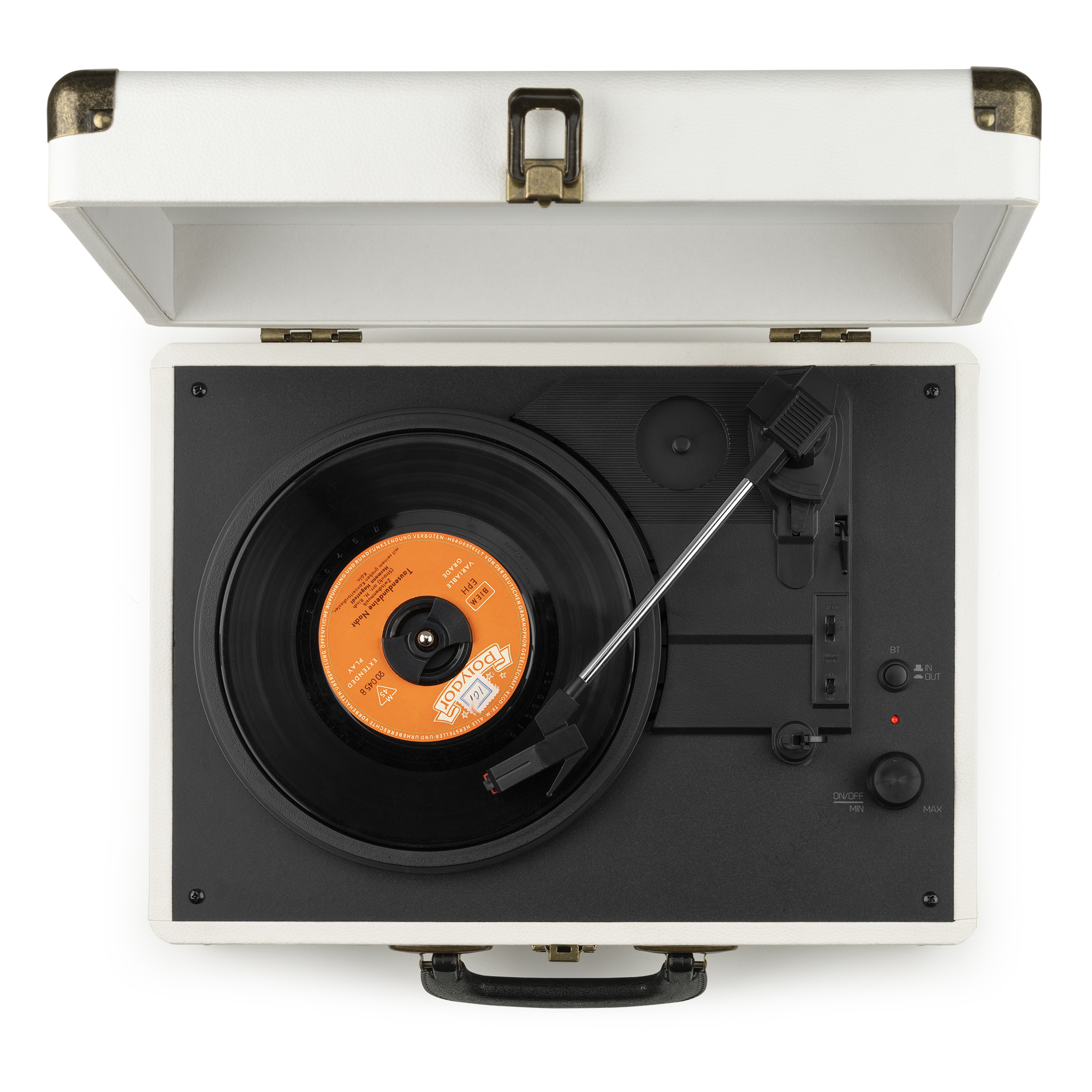 Un tocadiscos vintage con un disco encima.
