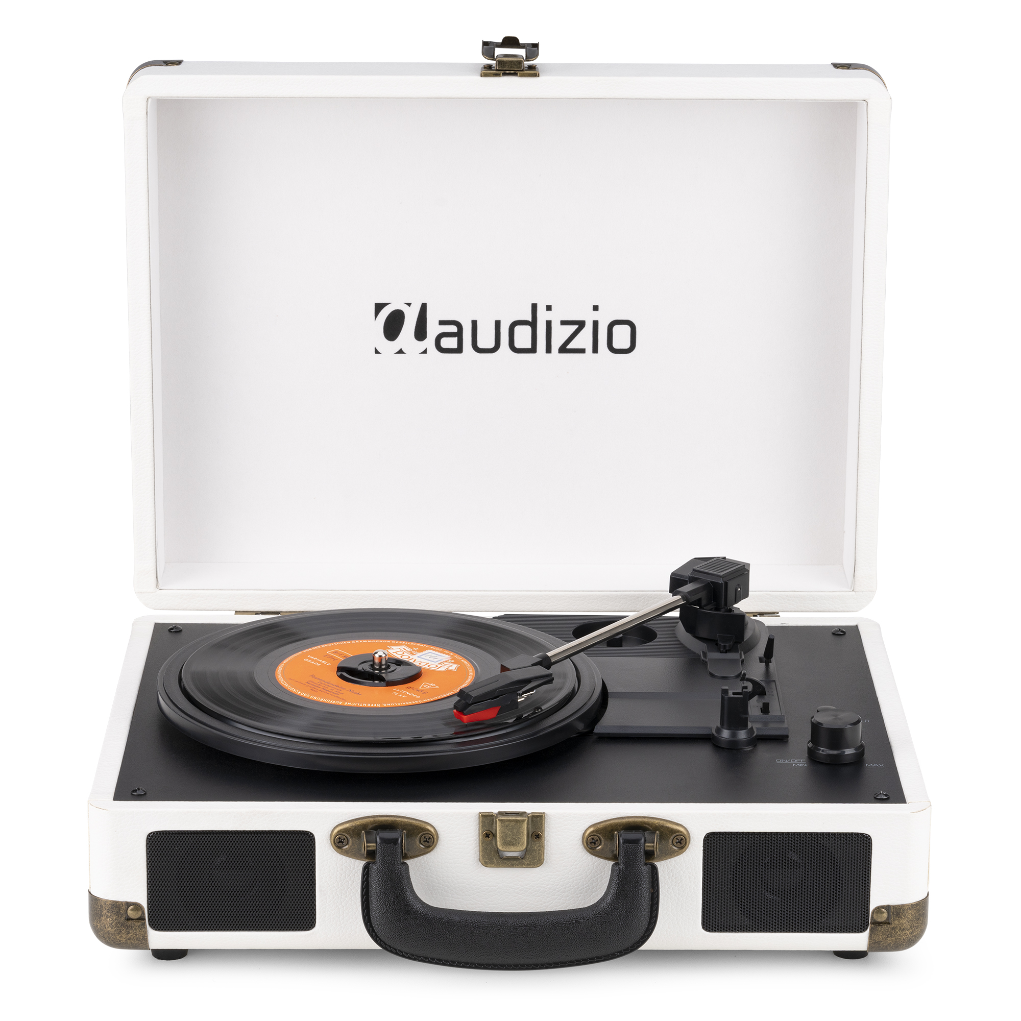 Un tocadiscos blanco con la tapa abierta y un disco encima.