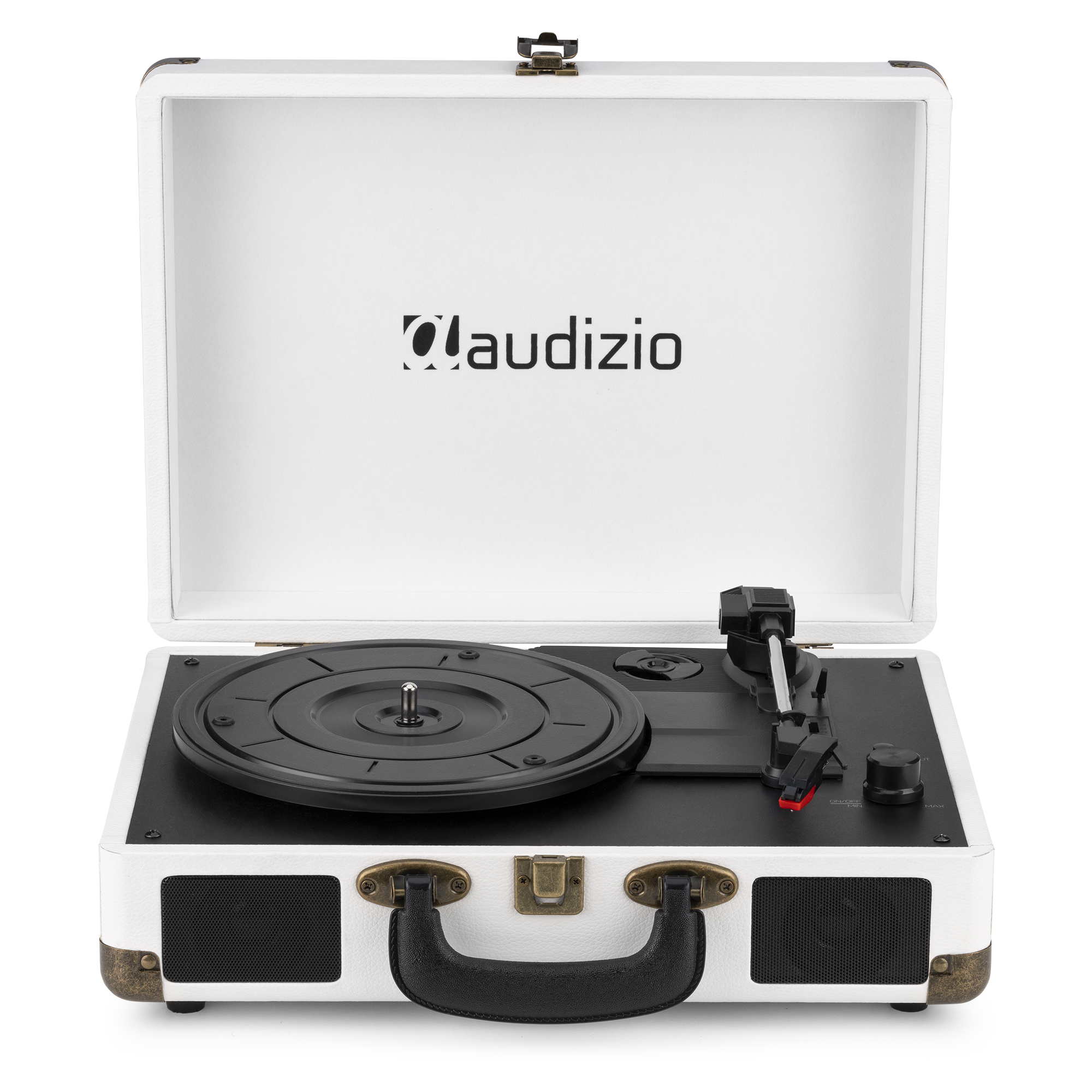 Tocadiscos blanco con plato negro, asa y altavoces negros. Tapa abierta, interior blanco.