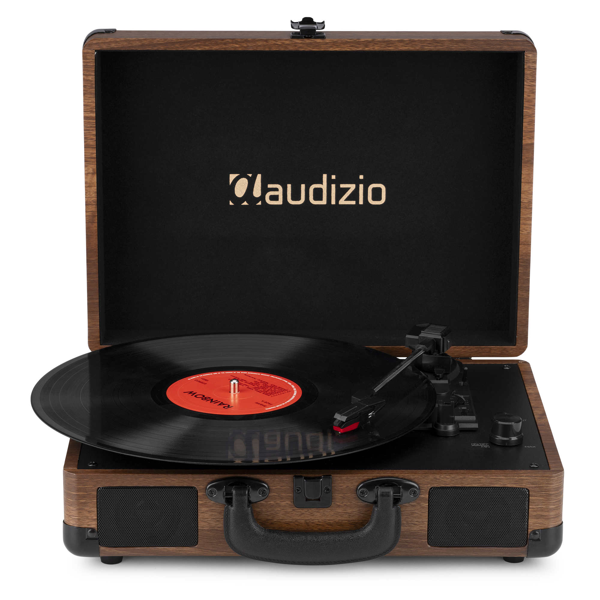 Un tocadiscos de aspecto de madera con un disco reproduciéndose y el logotipo Audizio dentro.