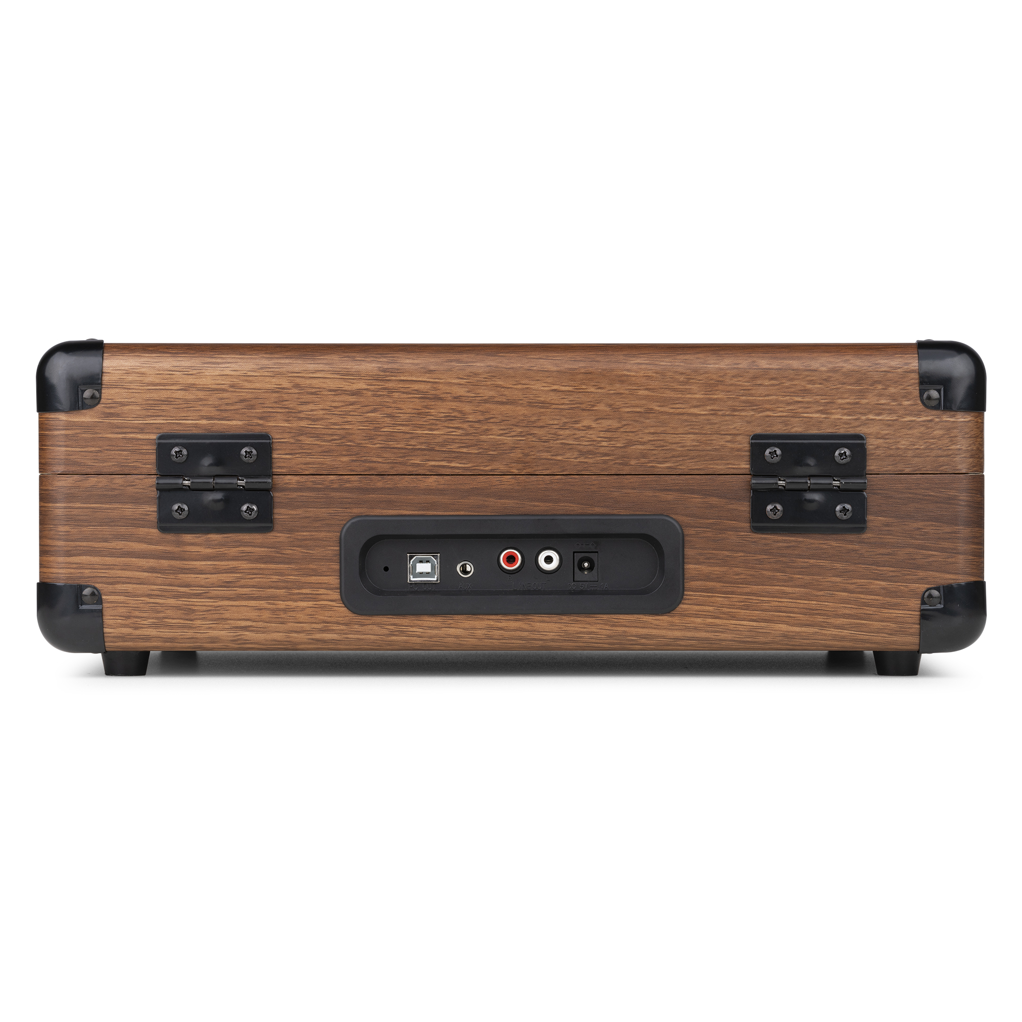 Un tocadiscos de madera, con la parte trasera que muestra puertos USB, RCA y de alimentación.