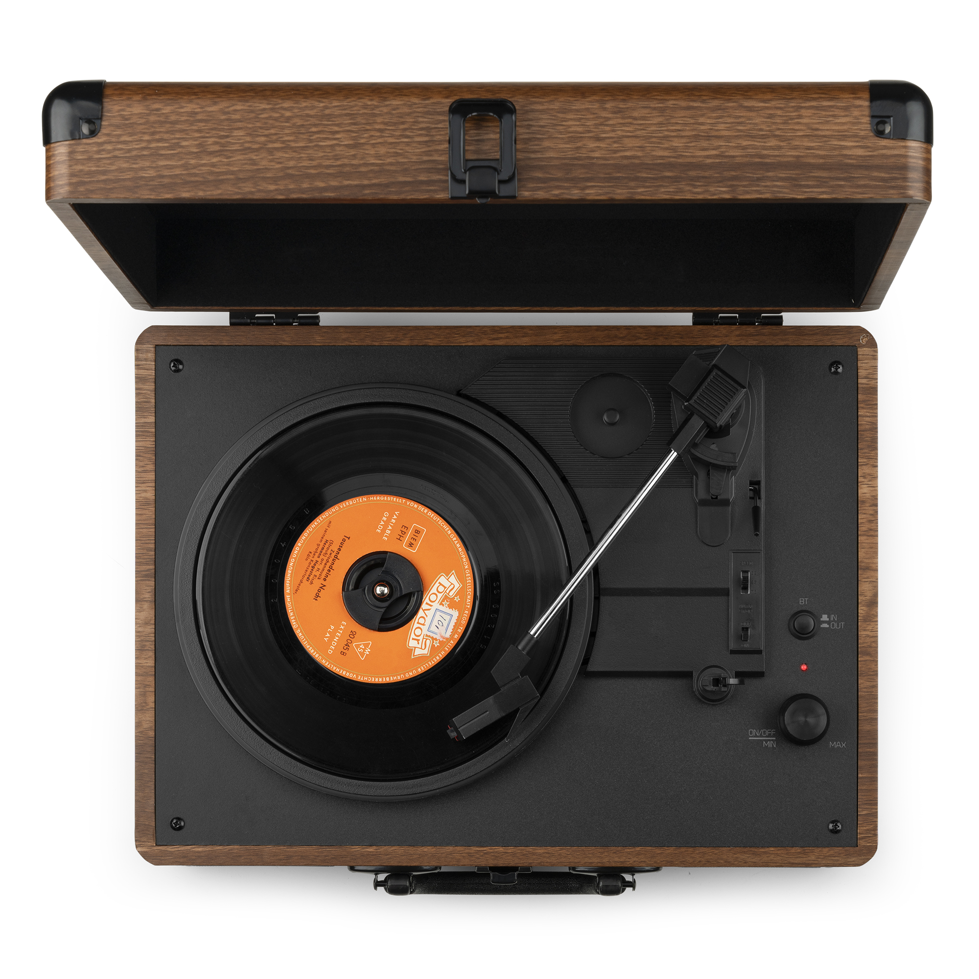 Vista superior de un tocadiscos con tapa de madera marrón, un disco está sonando con etiqueta naranja.
