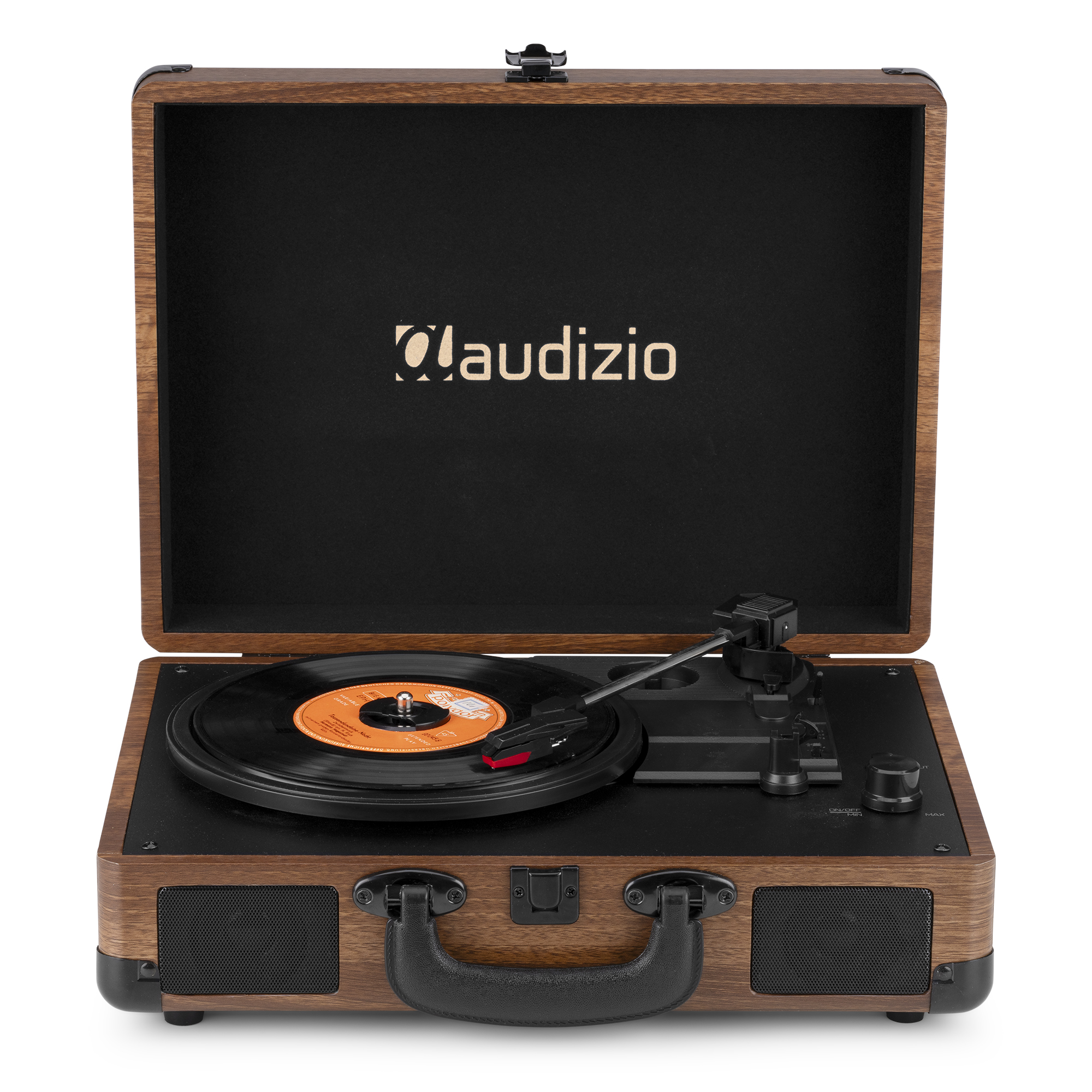 Un tocadiscos marrón con un disco negro reproduciéndose, dentro de una caja de madera, interior negro.