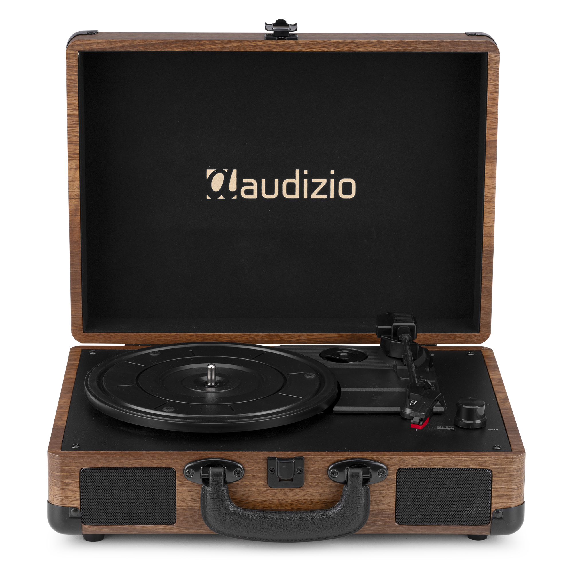 Tocadiscos de madera abierto con disco negro, controles y altavoces.