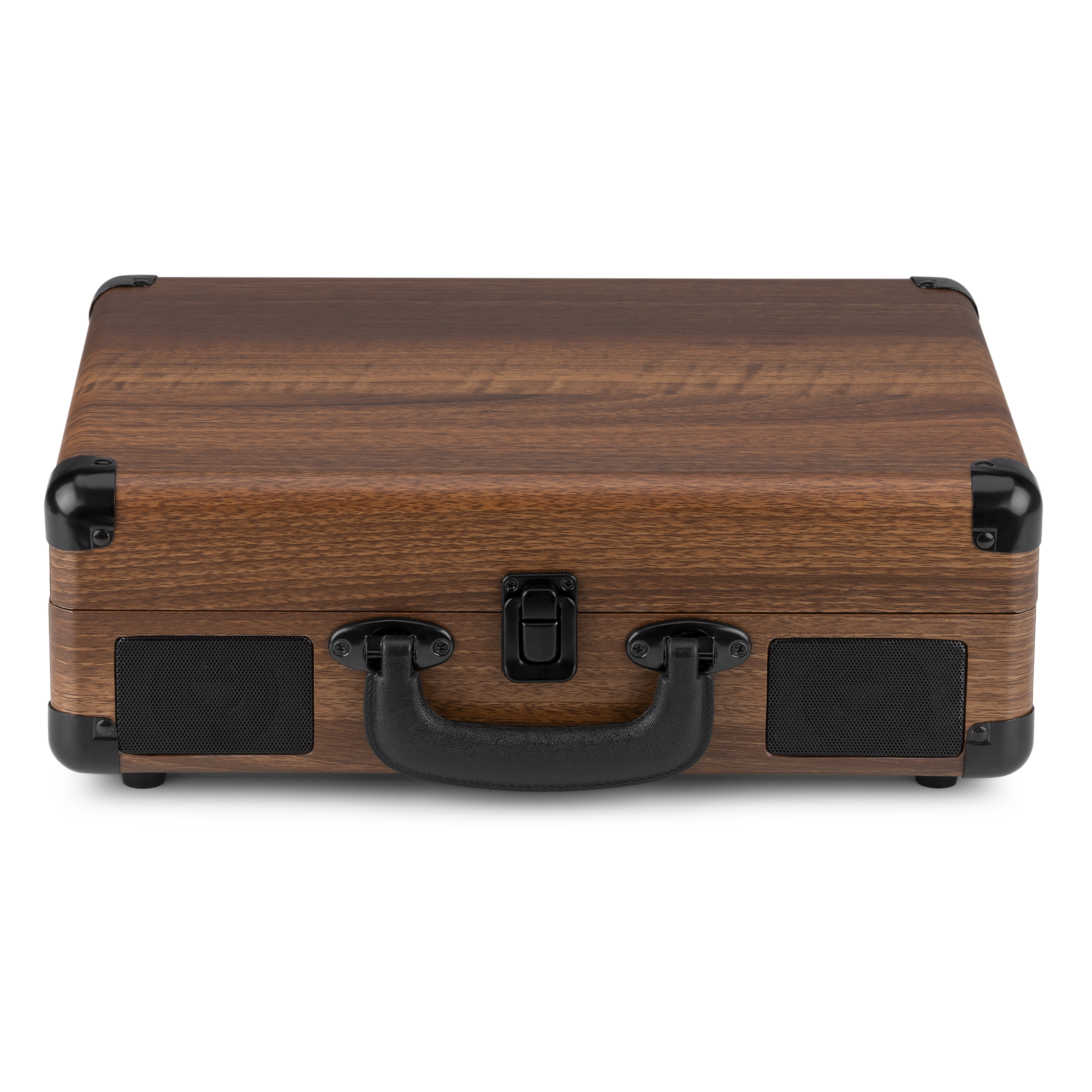 Un tocadiscos cerrado de estilo maletín de madera con detalles negros y altavoces.