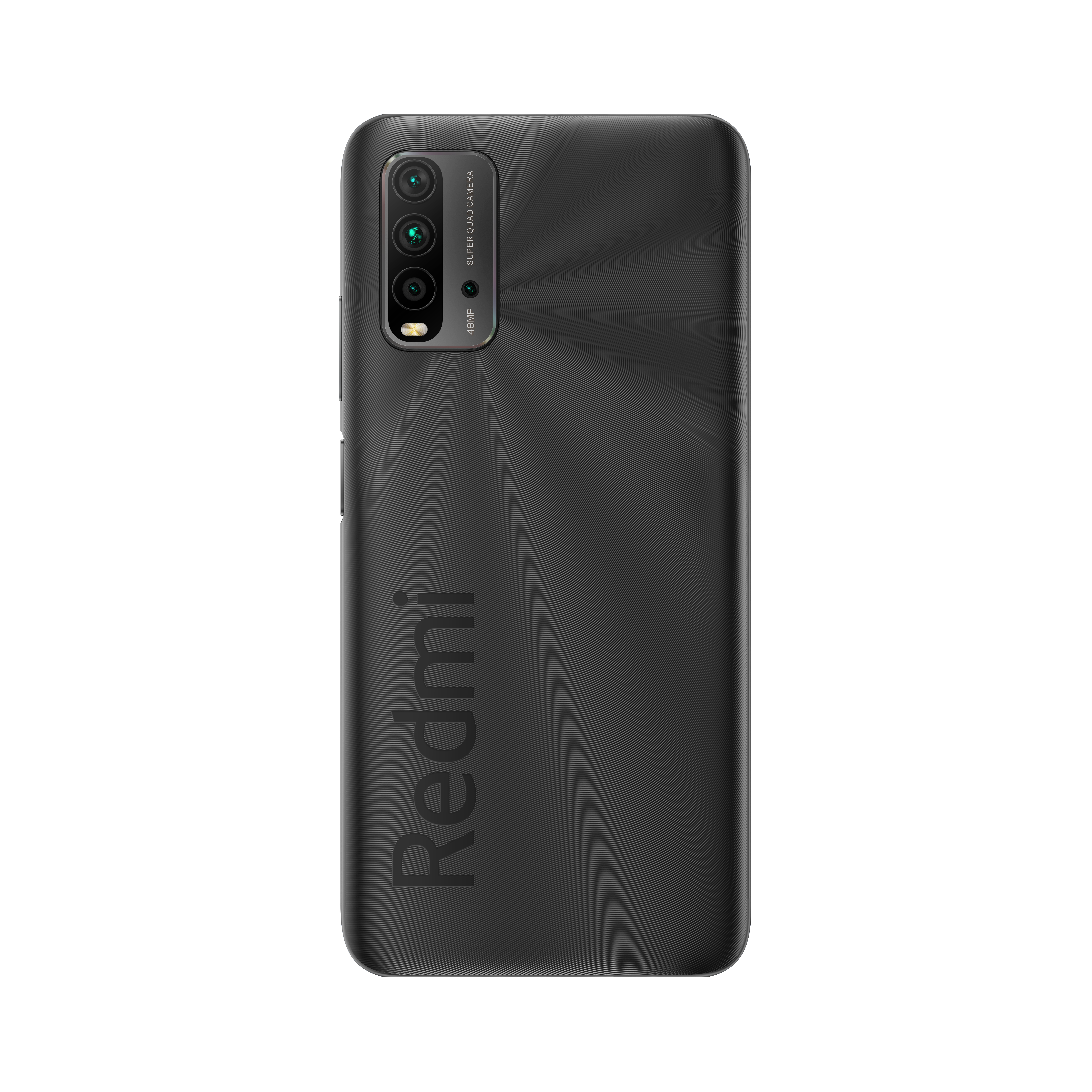 Retro di smartphone nero con logo Redmi e configurazione a tripla fotocamera su sfondo bianco.