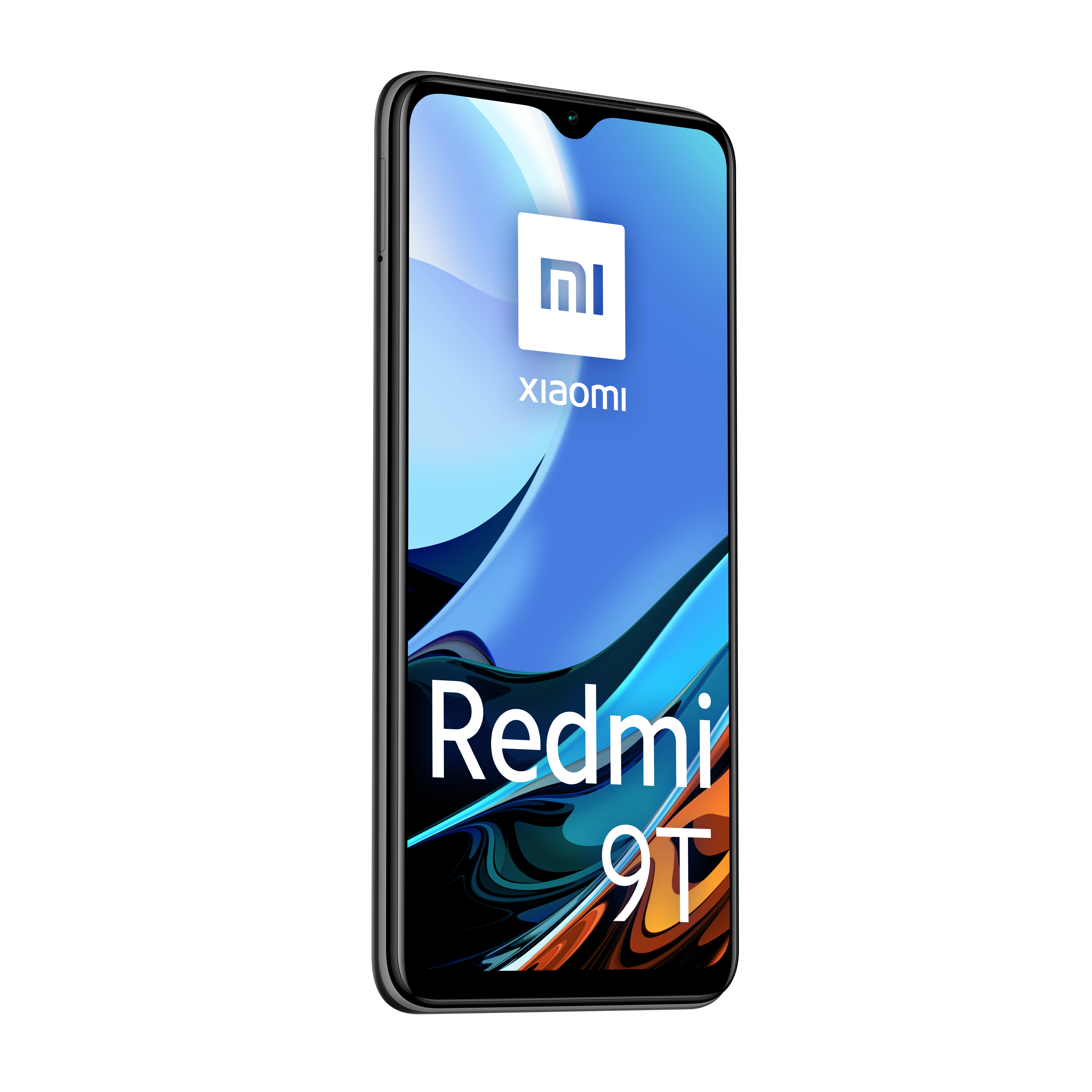 Schermo smartphone con logo Xiaomi Redmi 9T su sfondo viola e blu.