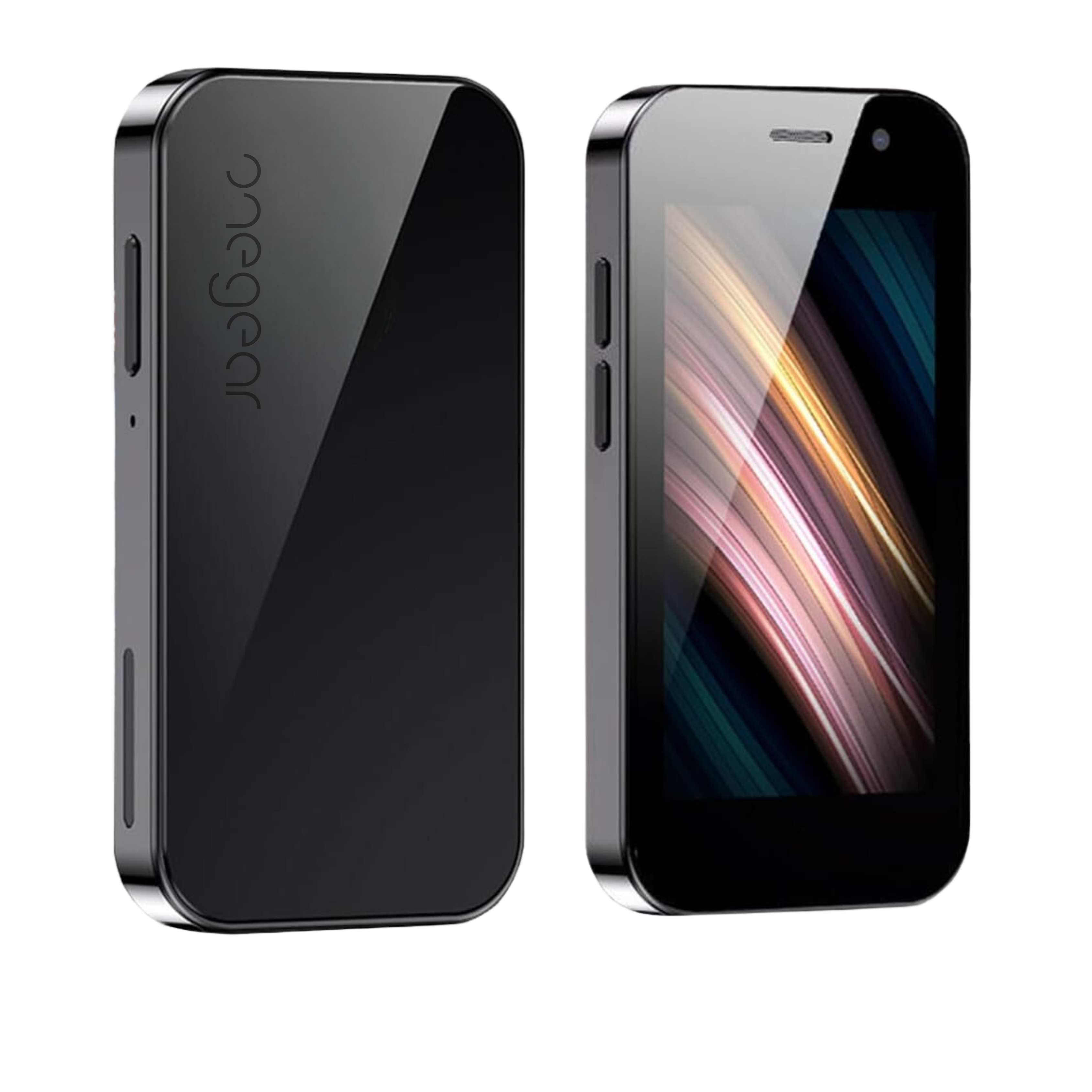 Due smartphone neri. Uno mostra un display, l'altro un logo del marchio.