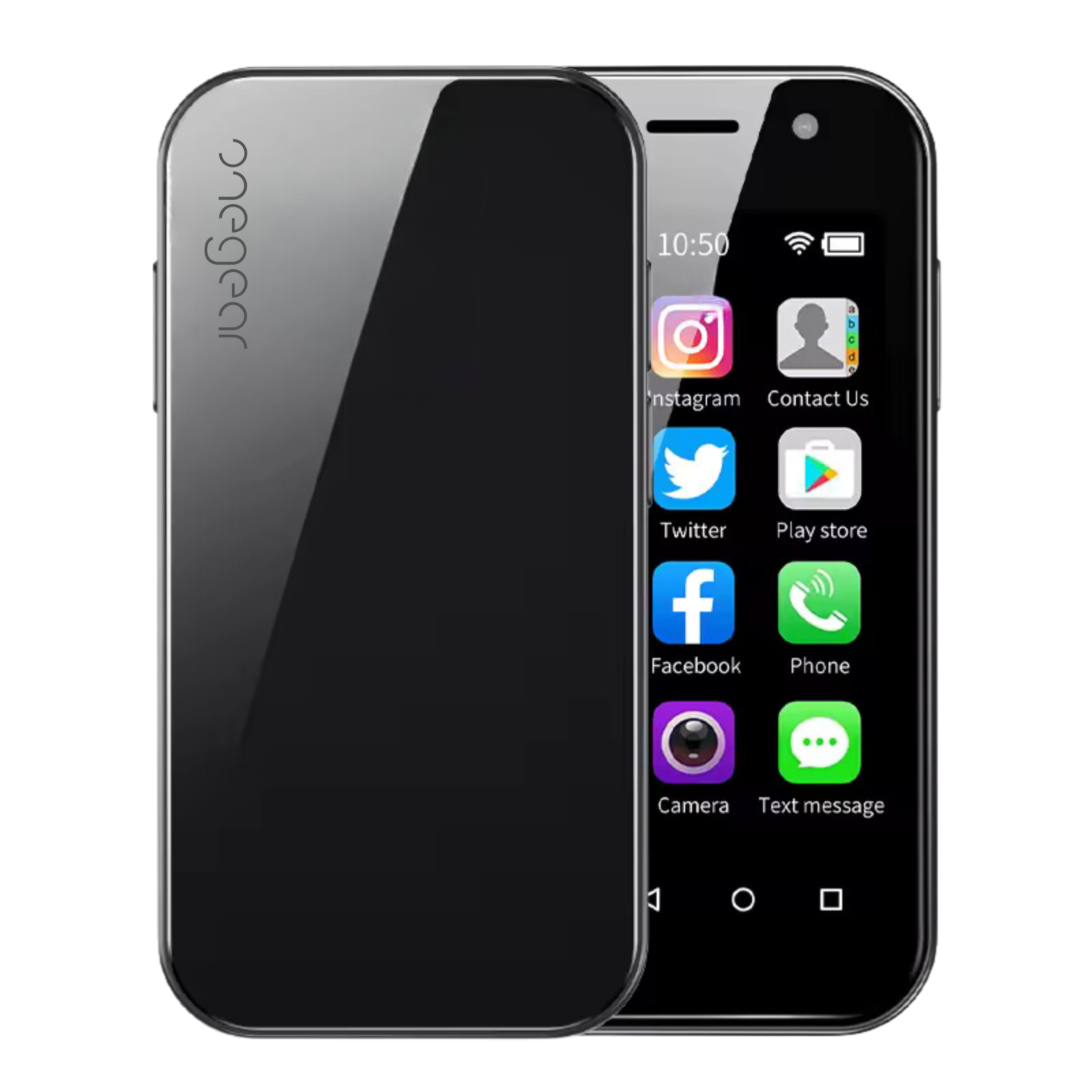 Telefono a conchiglia nero con icone di social media sullo schermo. Design elegante, nero.