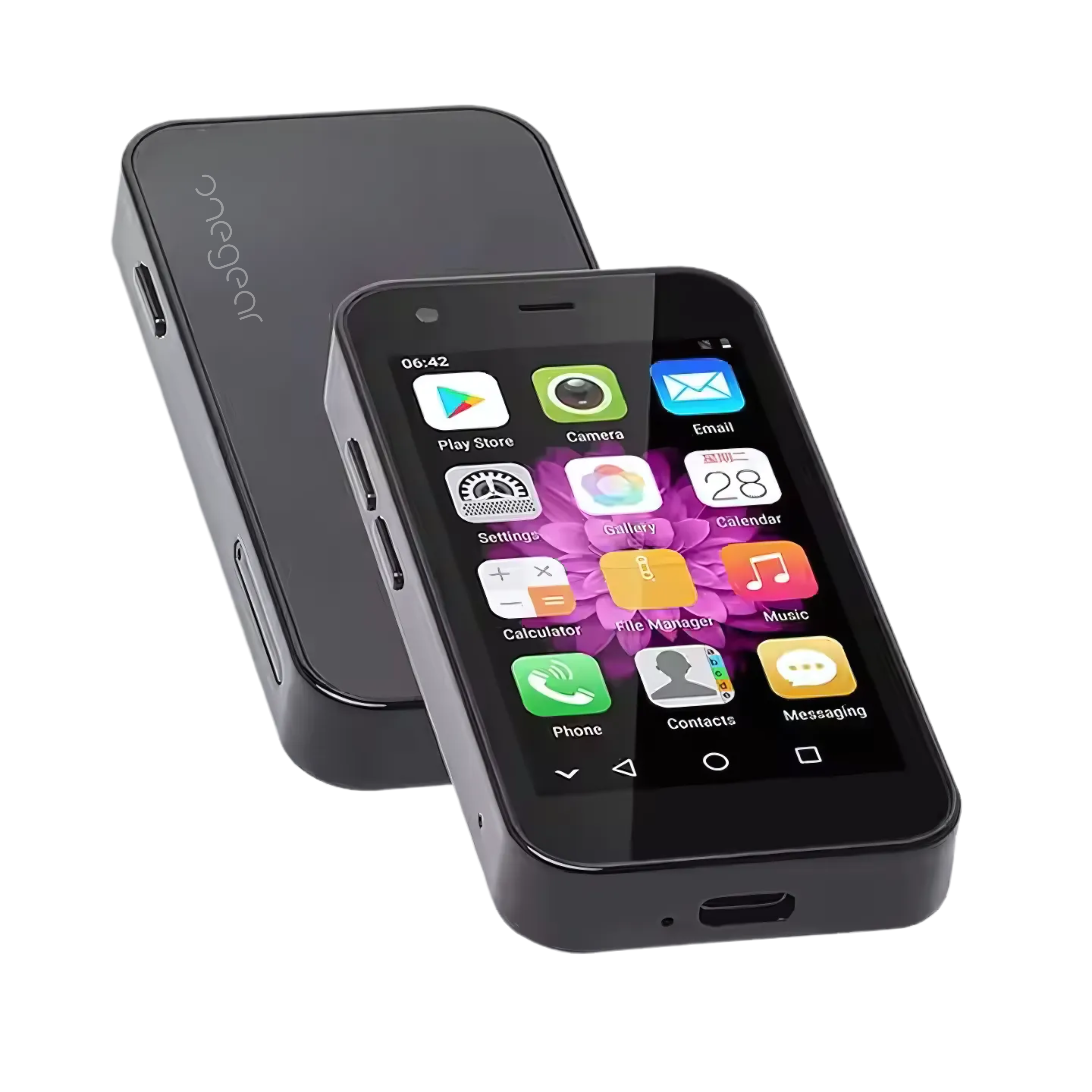 Smartphone nero con pannello posteriore nero. Display mostra app con icone colorate.