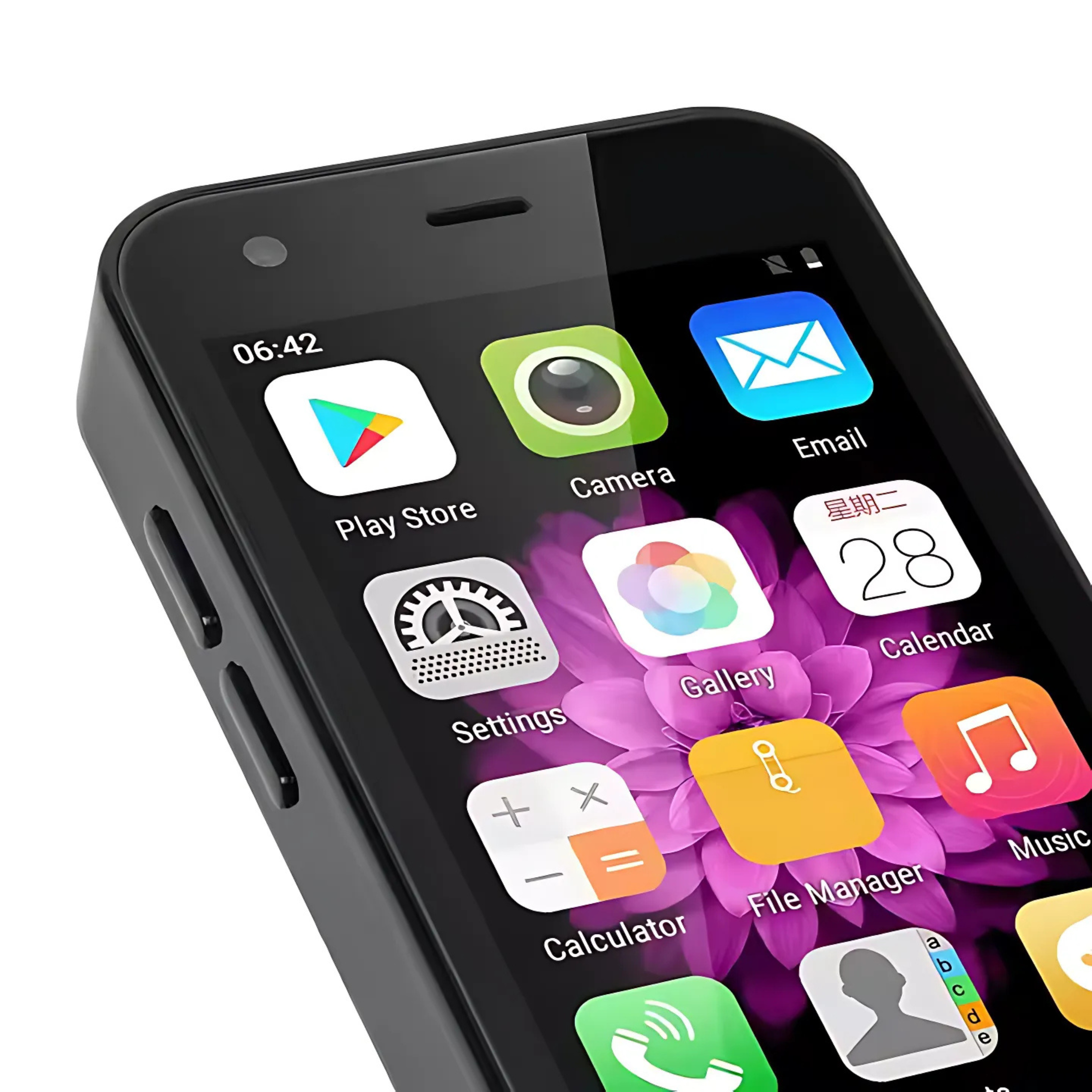 Smartphone nero che mostra icone di app. Include Play Store, Fotocamera, Email e Calendario.