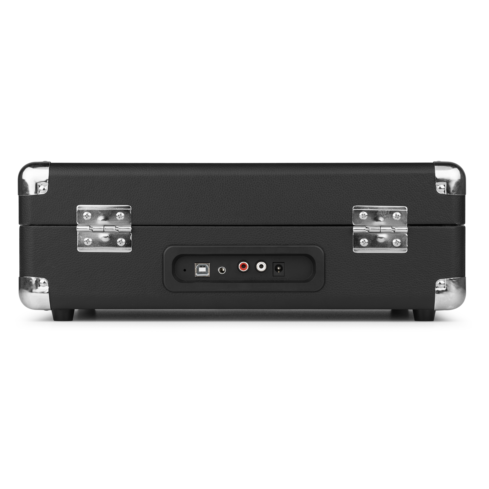 Tocadiscos negro, vista trasera. Tiene entradas USB, RCA y de alimentación.