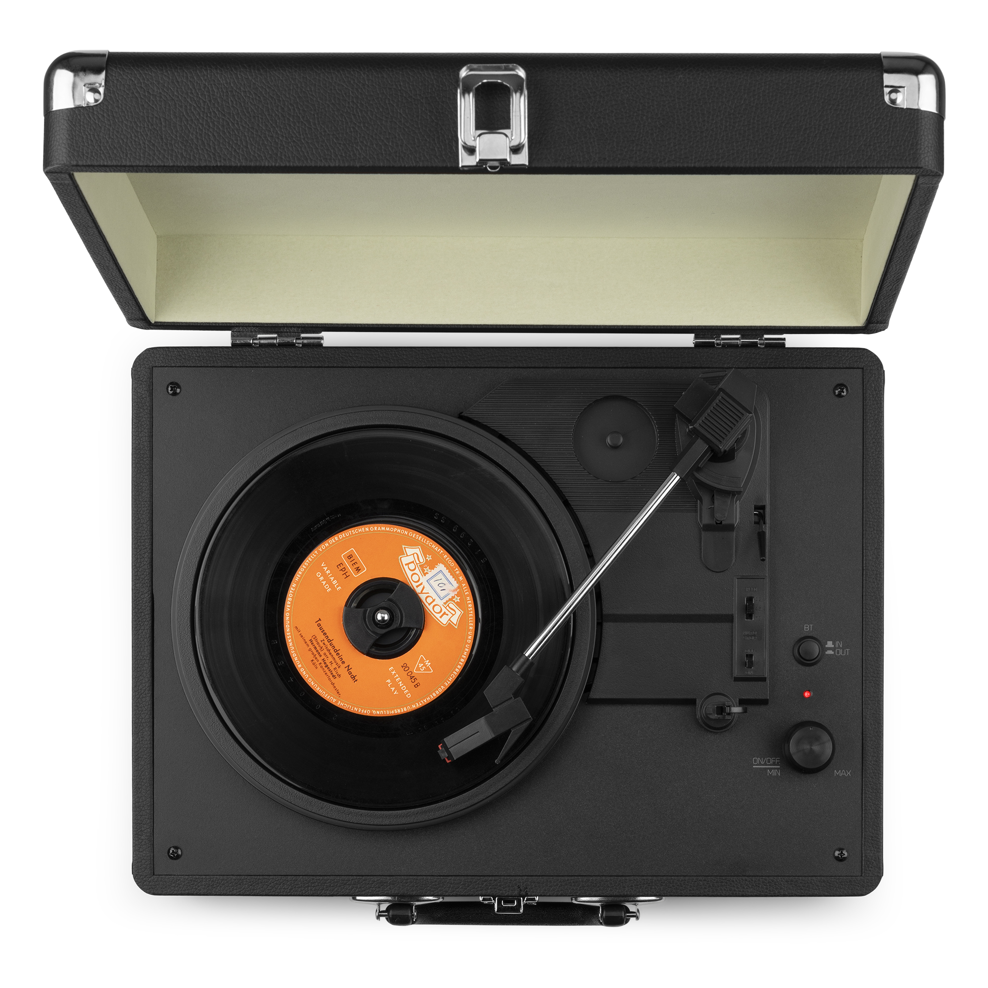 Tocadiscos negro con tapa abierta, un disco en el plato. Estuche negro con detalles plateados.