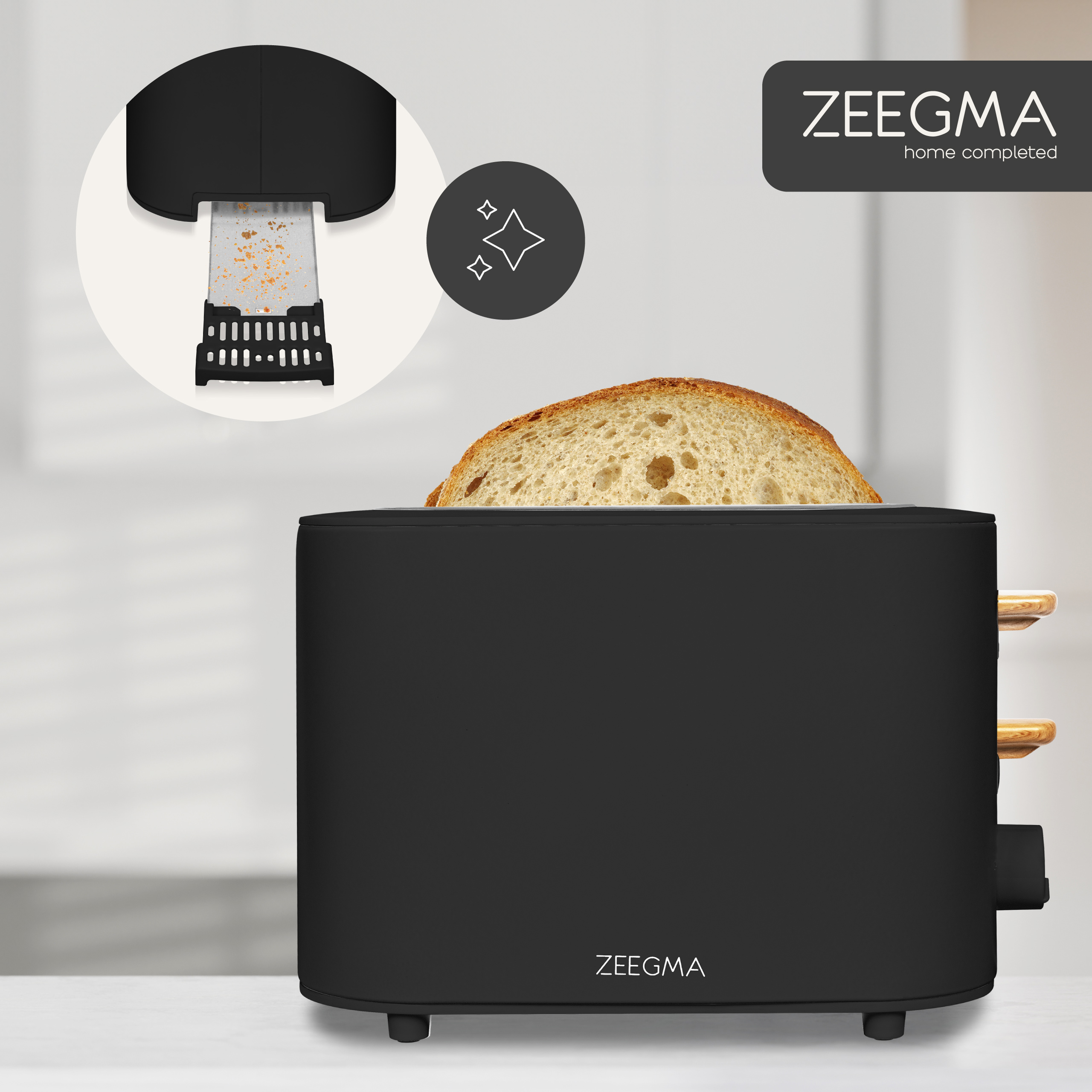 Black toaster with a slice of bread. A close-up of the toasting elements.