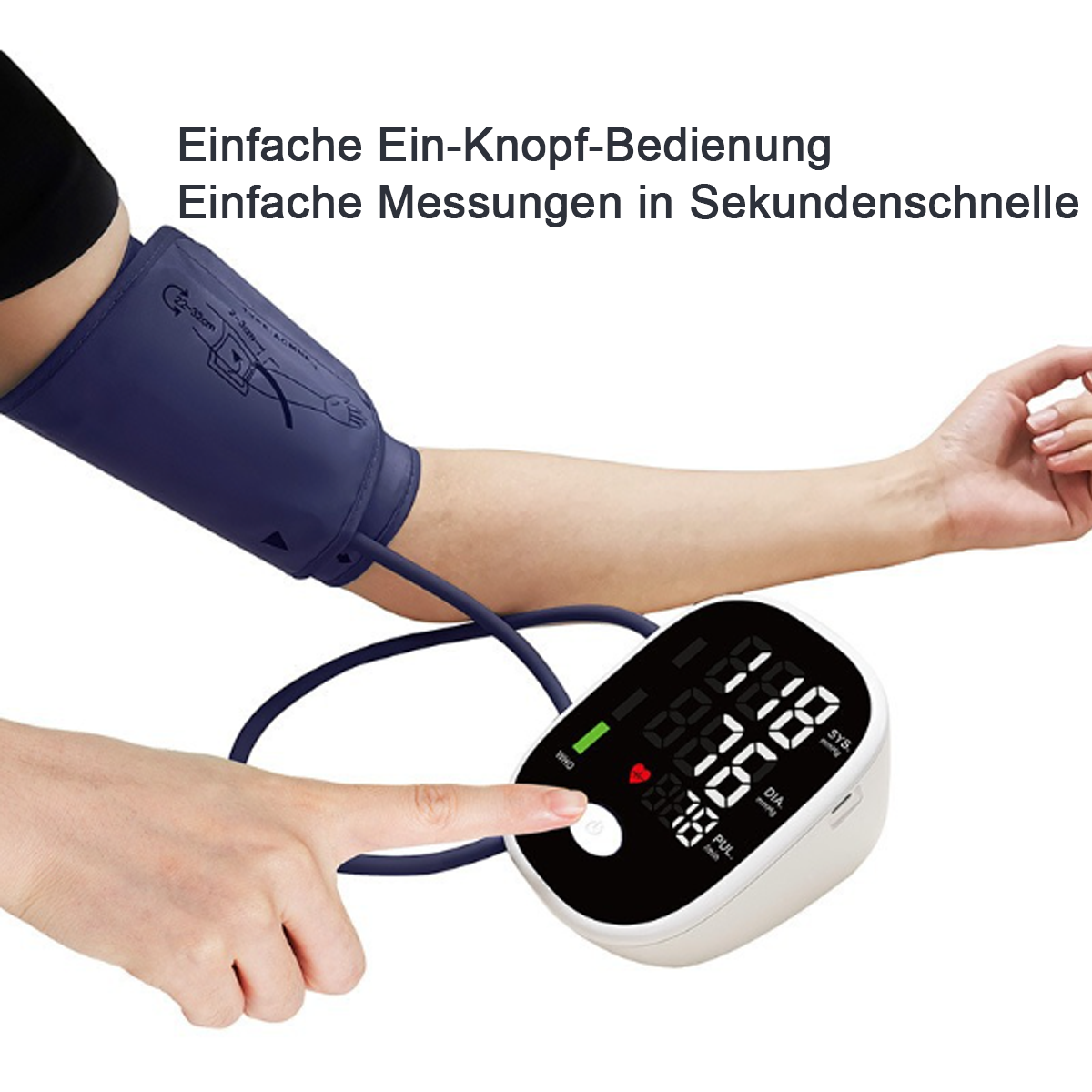 Person benutzt Blutdruckmessgerät am Arm, digitale Anzeige zeigt Messwerte.