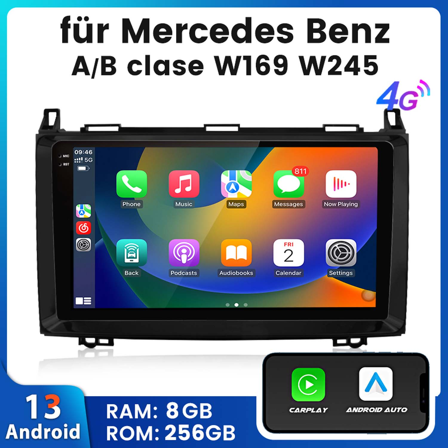 System multimedialny do samochodu z ekranem dotykowym, pokazujący ikony aplikacji. Tekst: für Mercedes Benz A/B clase.