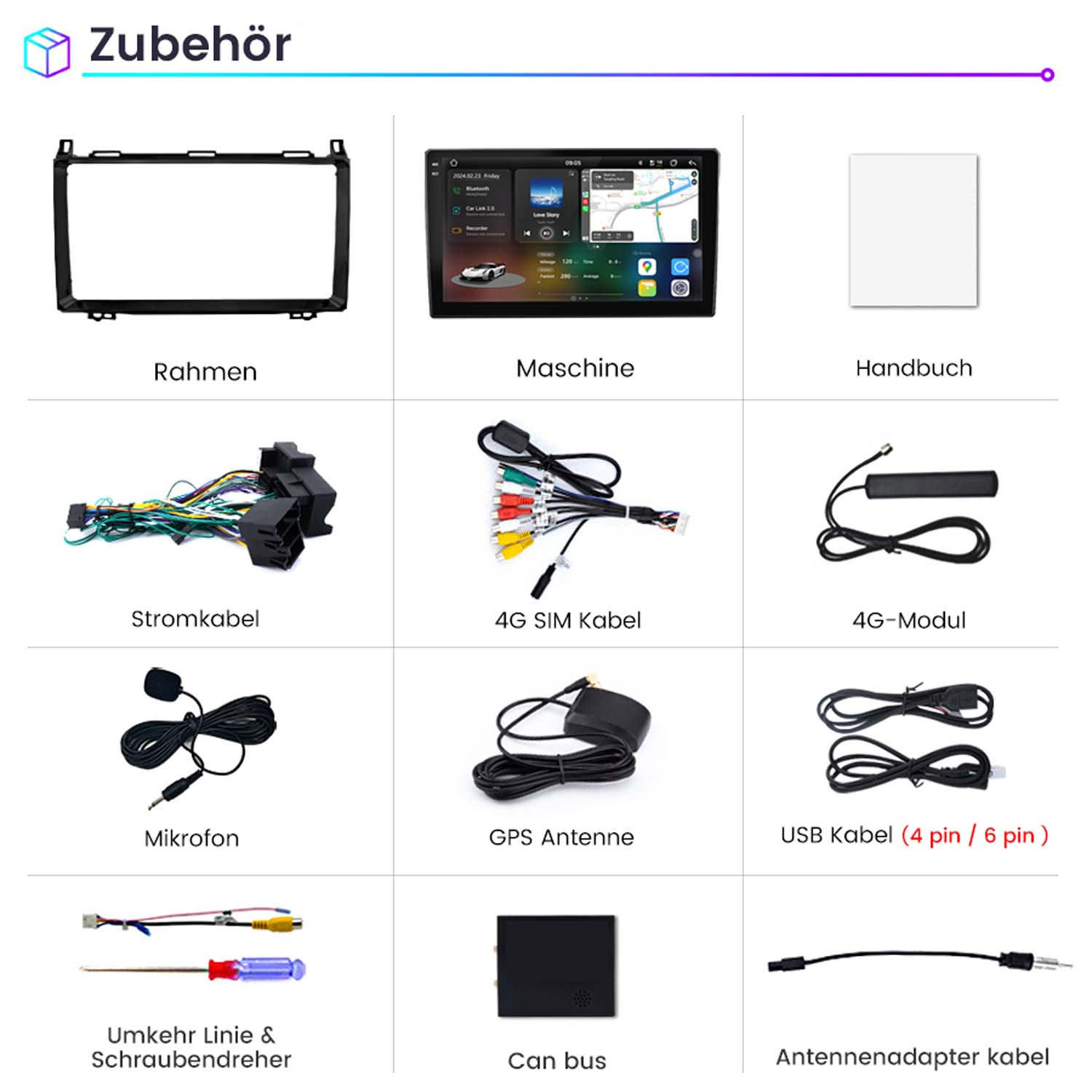Ein Raster von Car-Audio-Zubehör, einschließlich Rahmen, Bildschirm, Kabeln und mehr.