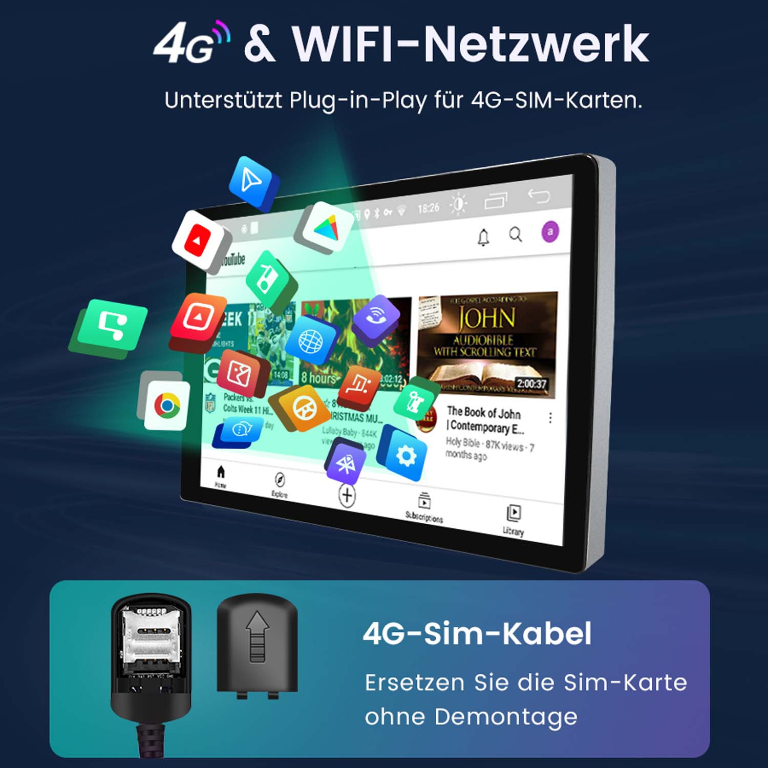 Ekran tabletu wyświetlający różne ikony aplikacji. Poniżej karta SIM i czarny kabel.