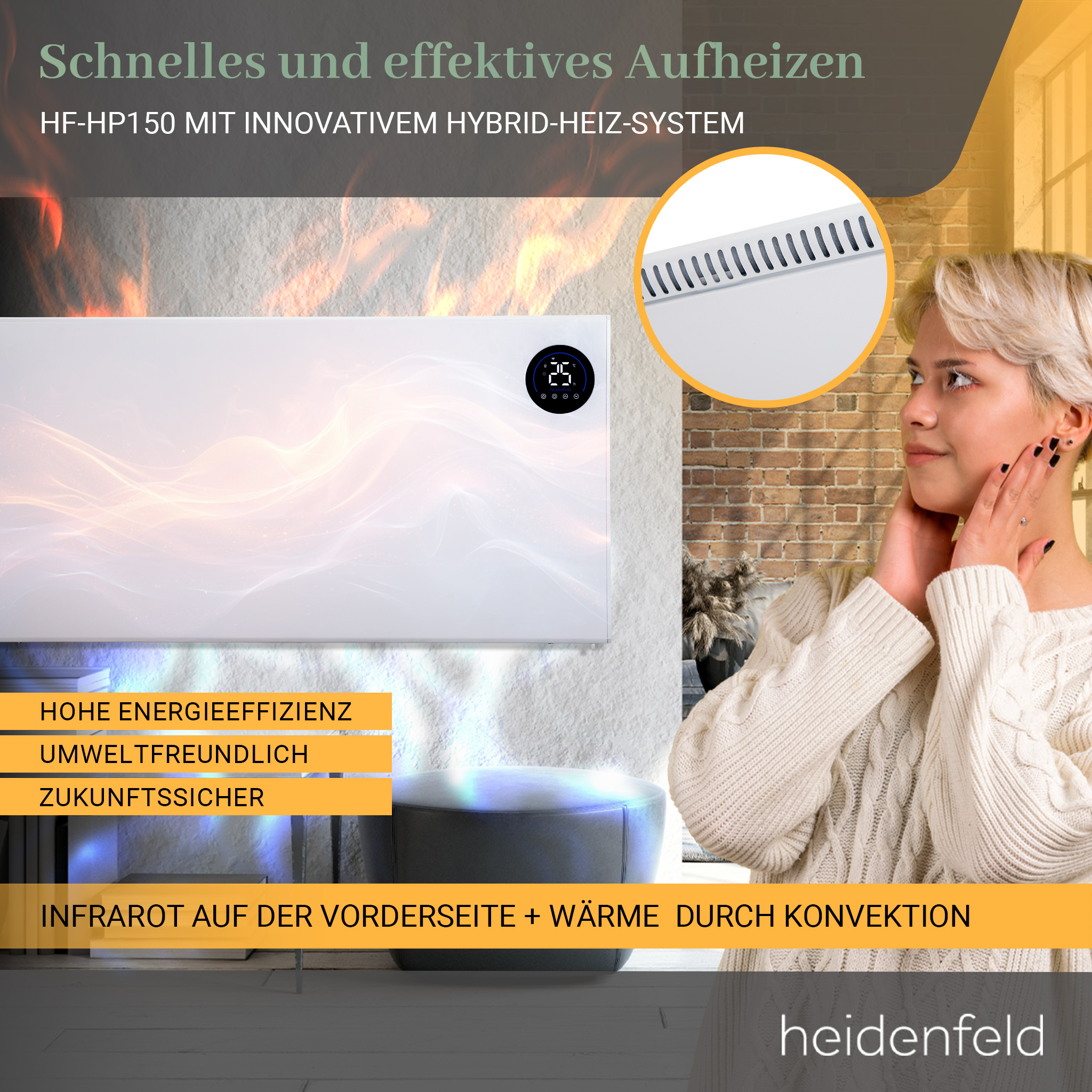 Eine Frau betrachtet einen weißen Heizkörper an einer Wand.